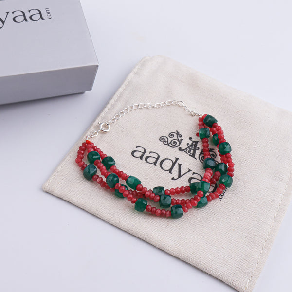 Red Jade & Green Onyx Silver Bracelet (Project Handmade)