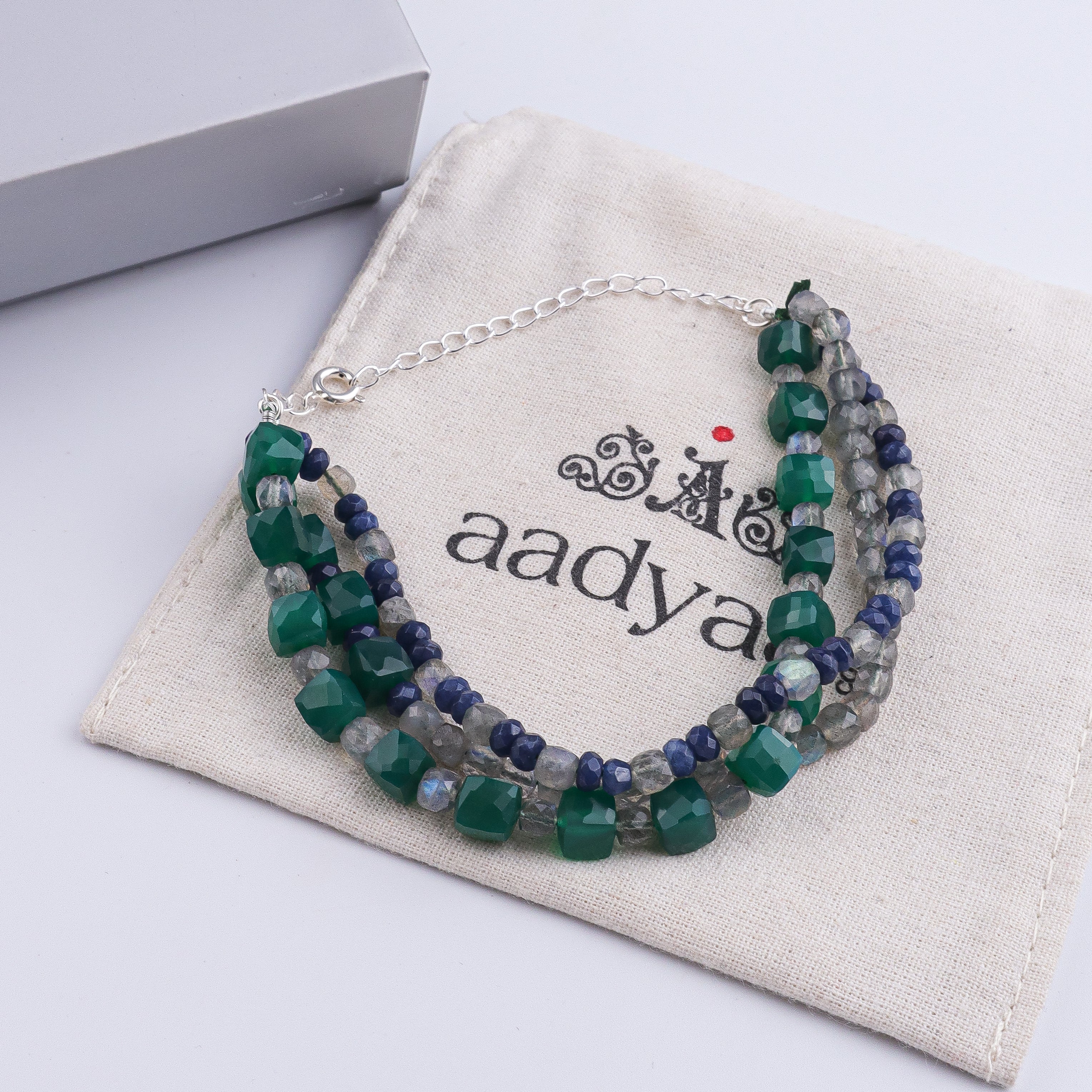 Green Onyx, Blue Jade & Labradorite Silver Bracelet (Project Handmade)