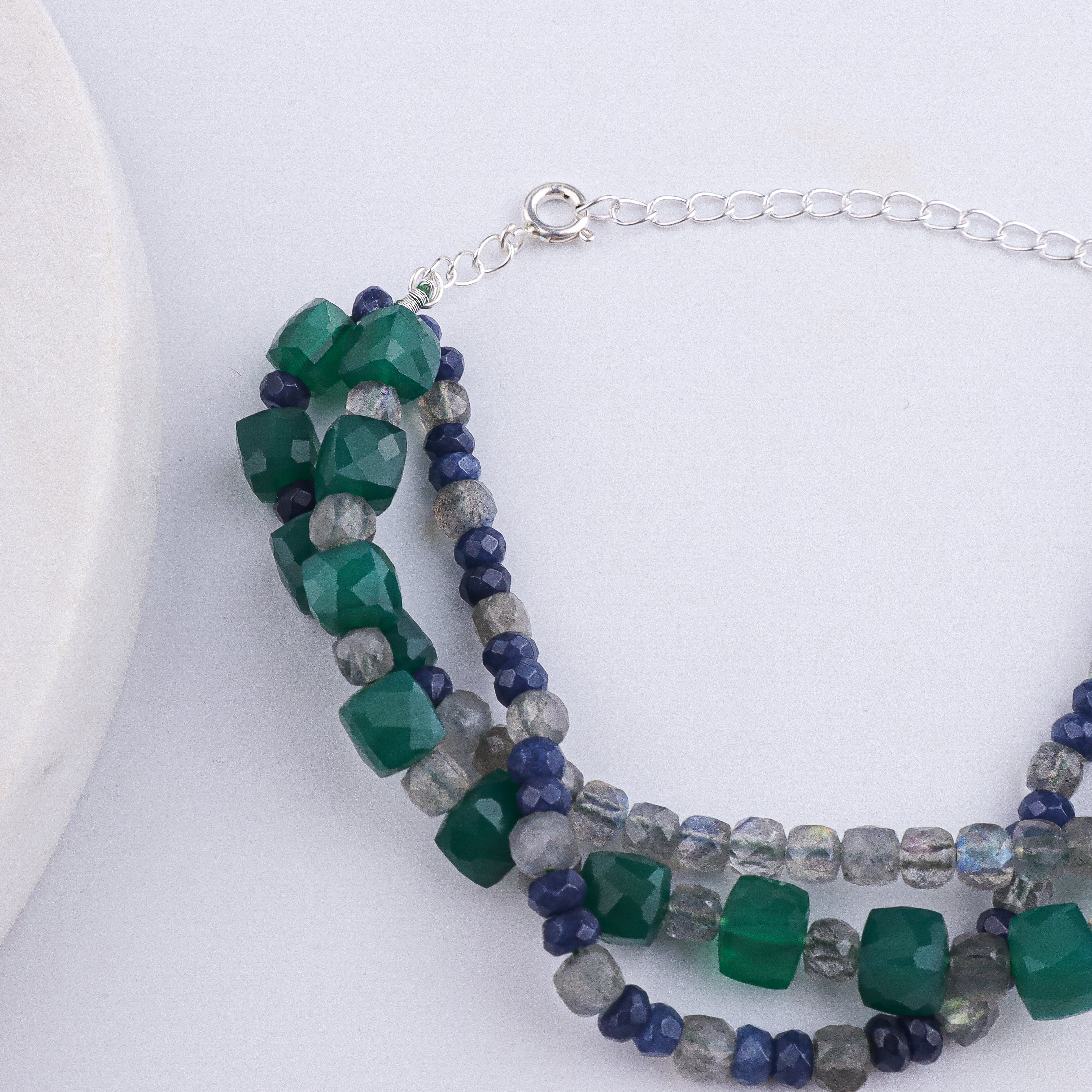 Green Onyx, Blue Jade & Labradorite Silver Bracelet (Project Handmade)