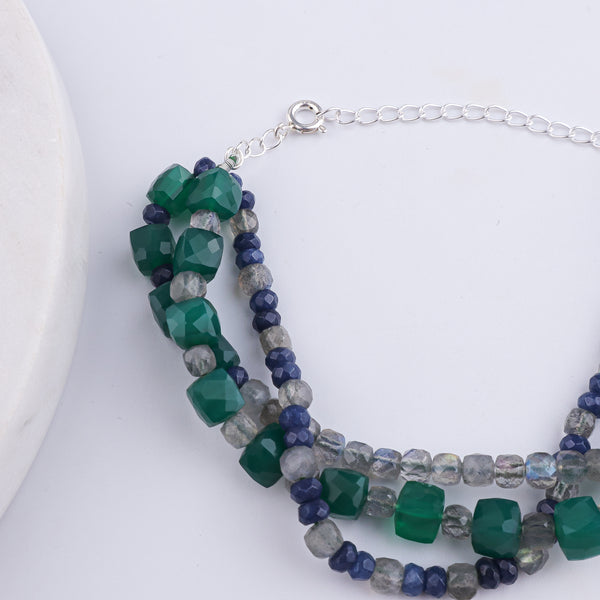 Green Onyx, Blue Jade & Labradorite Silver Bracelet (Project Handmade)