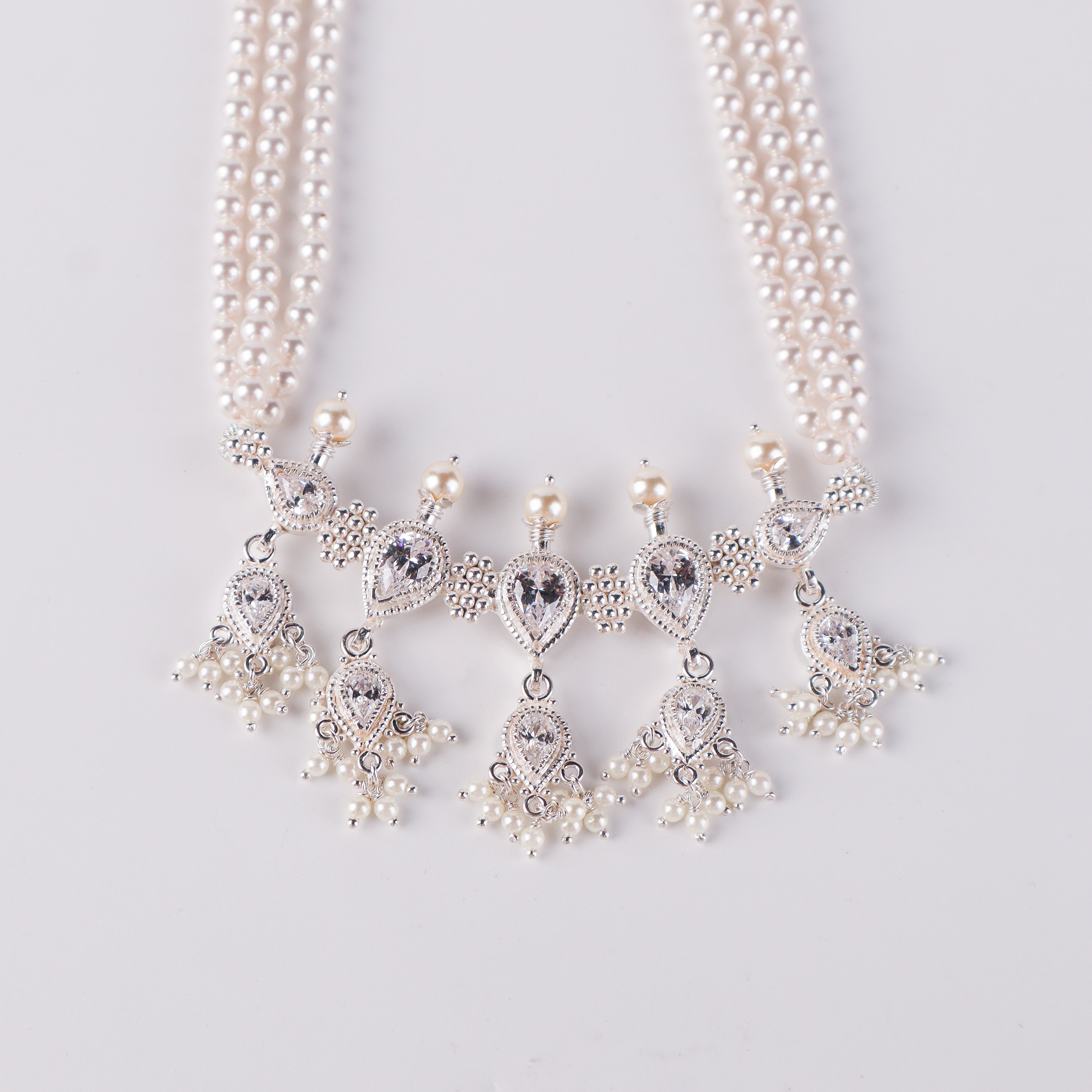 Silver CZ Kudi Tanmani Set with Pearls (5 Leaf)