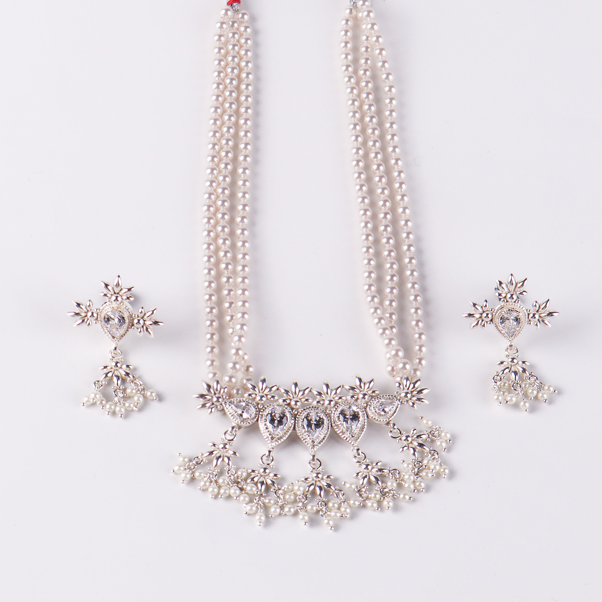 Silver CZ Flower Tanmani Set with Pearls (5 Leaf)