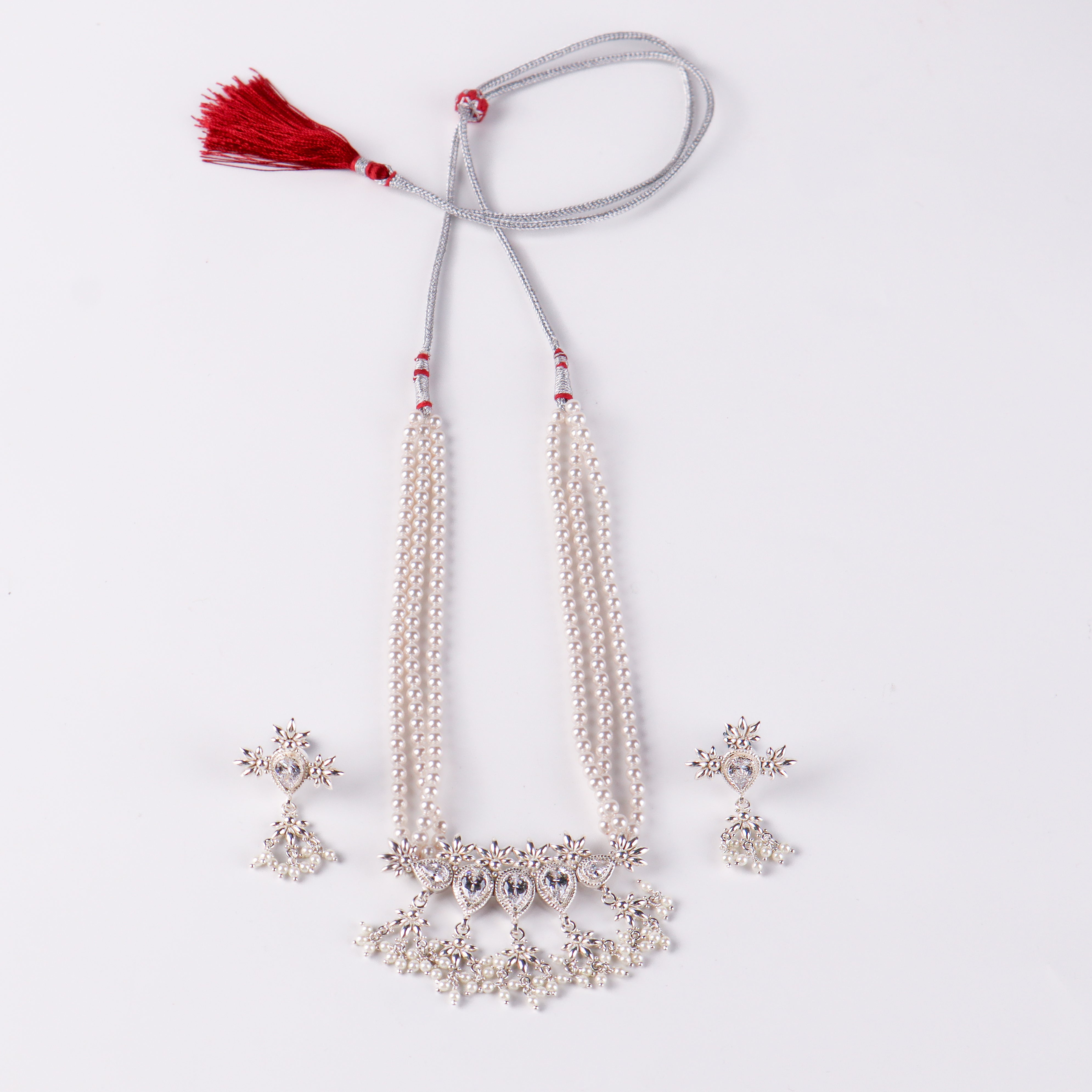 Silver CZ Flower Tanmani Set with Pearls (5 Leaf)