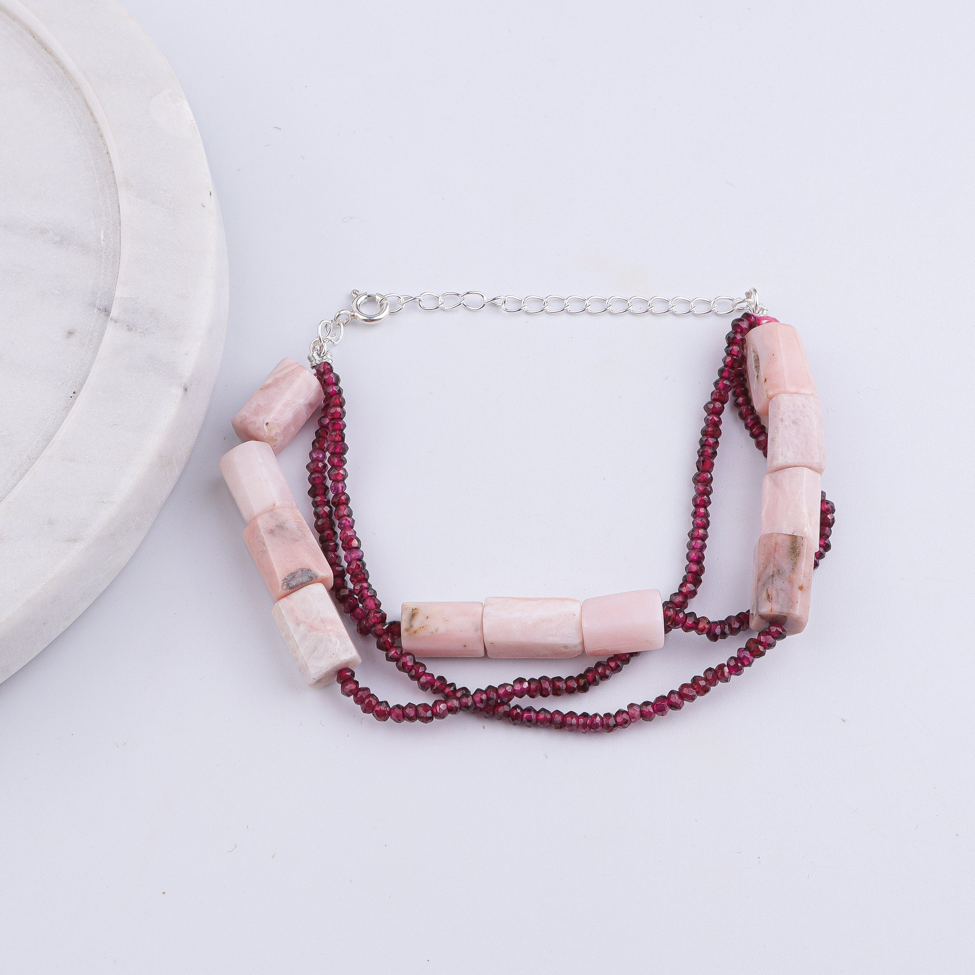Pink Opal & Garnet Silver Bracelet (Project Handmade)