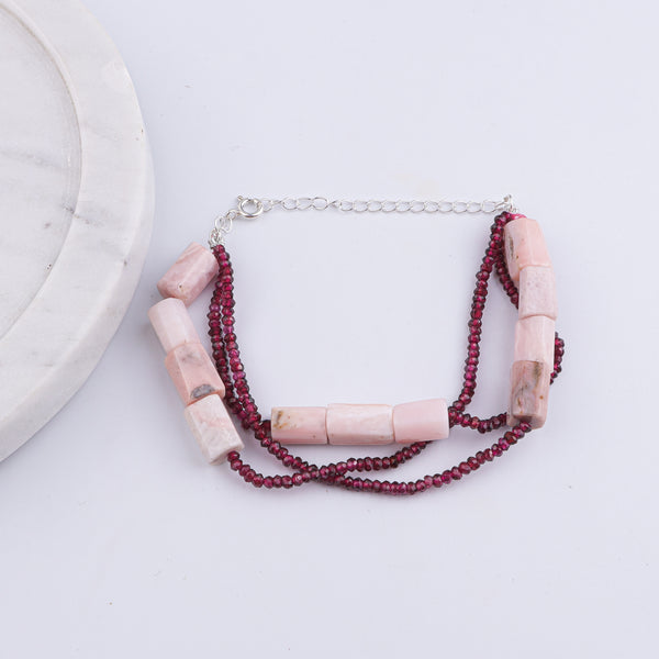 Pink Opal & Garnet Silver Bracelet (Project Handmade)