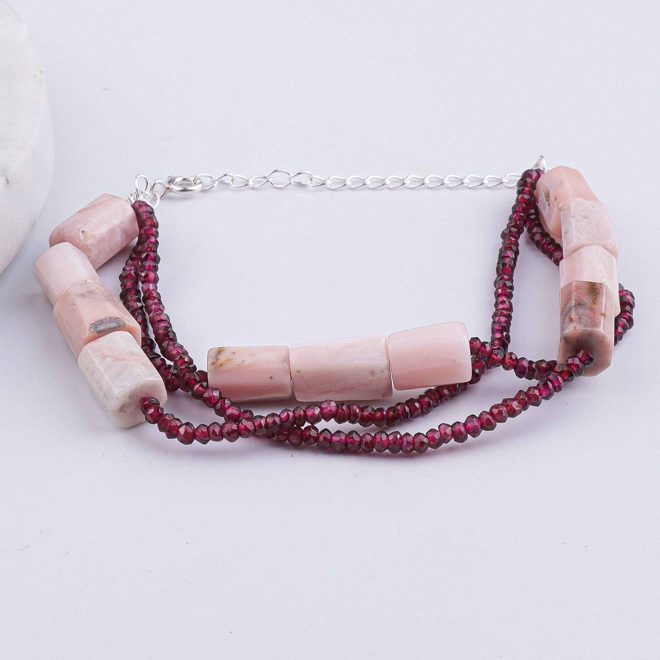 Pink Opal & Garnet Silver Bracelet (Project Handmade)