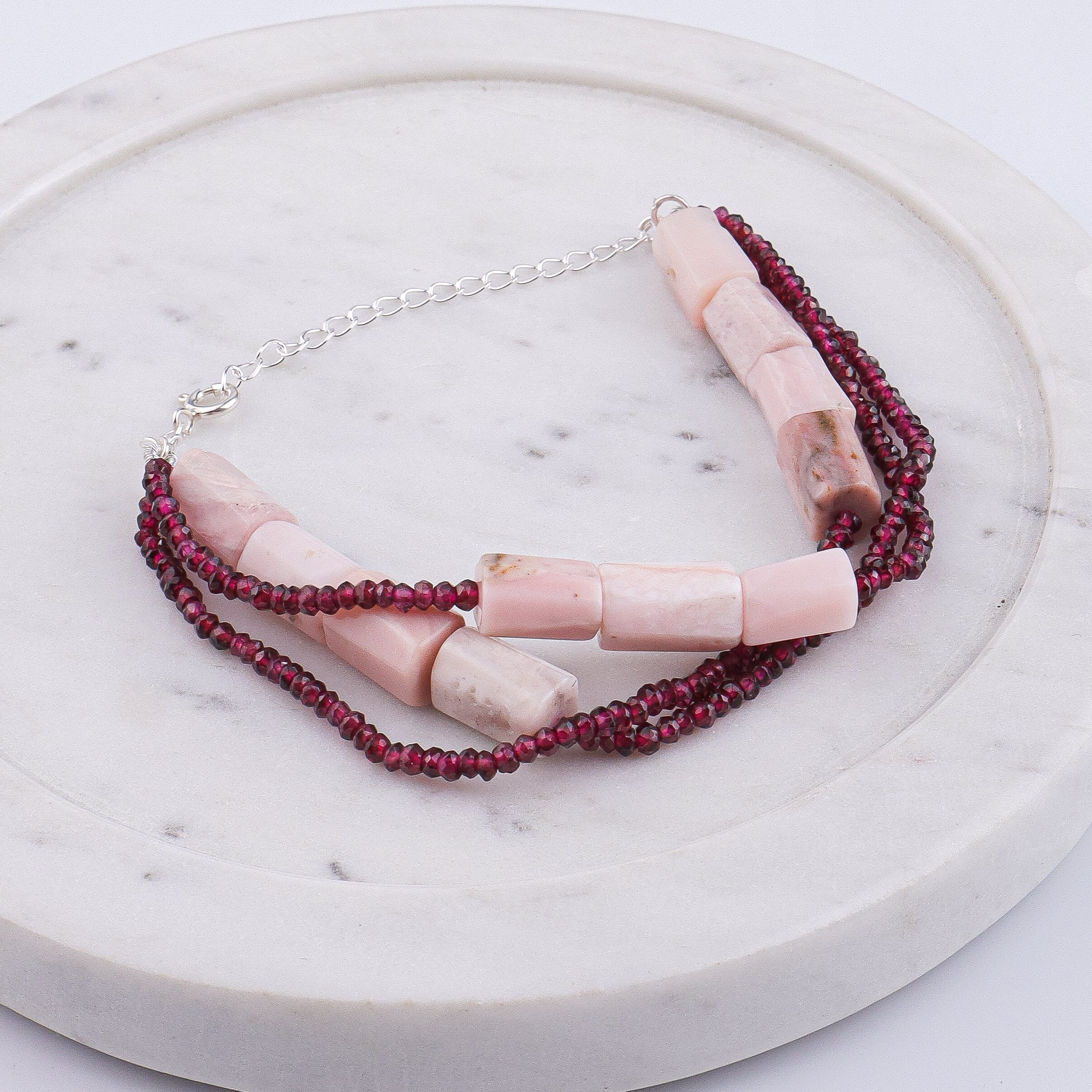 Pink Opal & Garnet Silver Bracelet (Project Handmade)