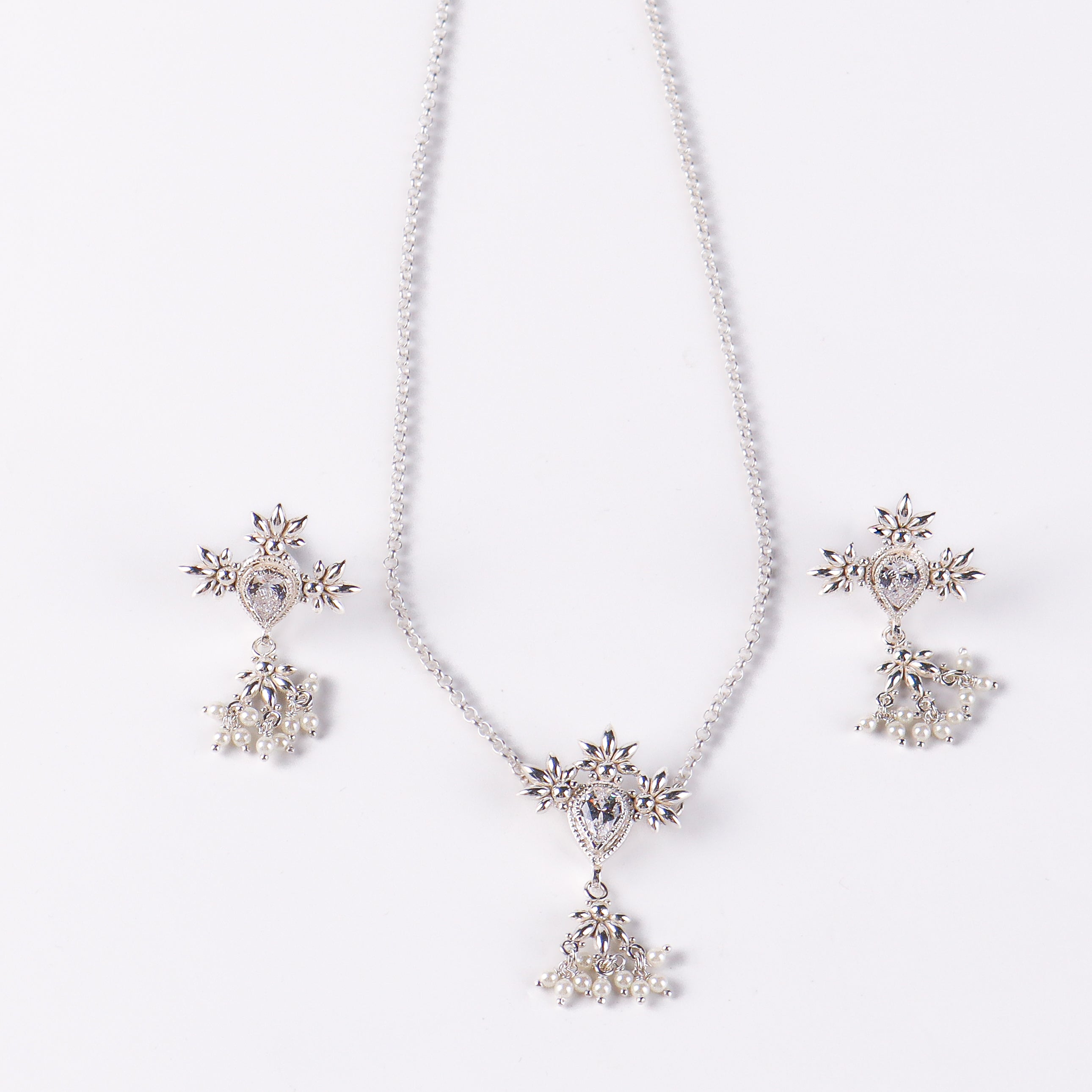 Silver CZ Flower Tanmani Set with Pearls