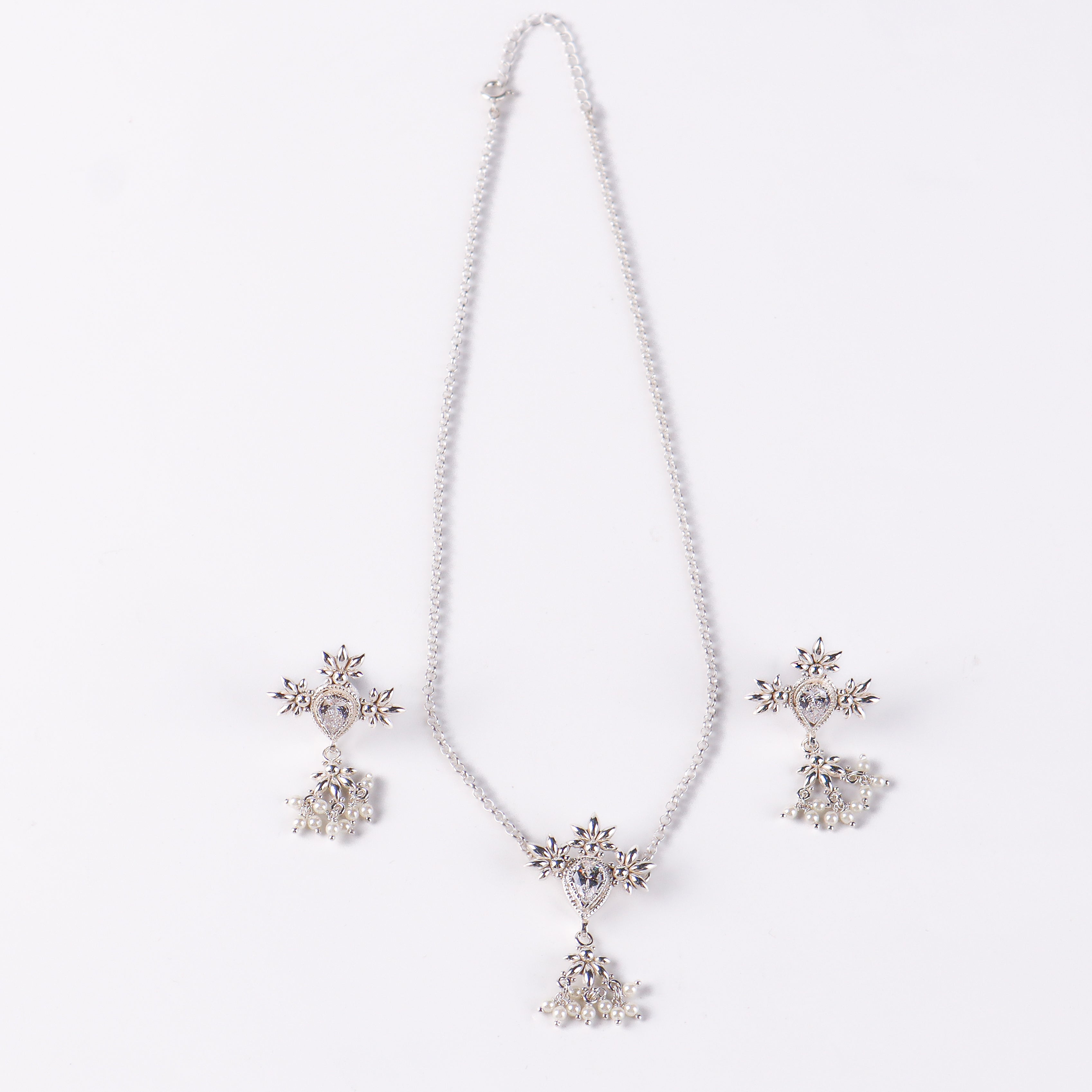 Silver CZ Flower Tanmani Set with Pearls