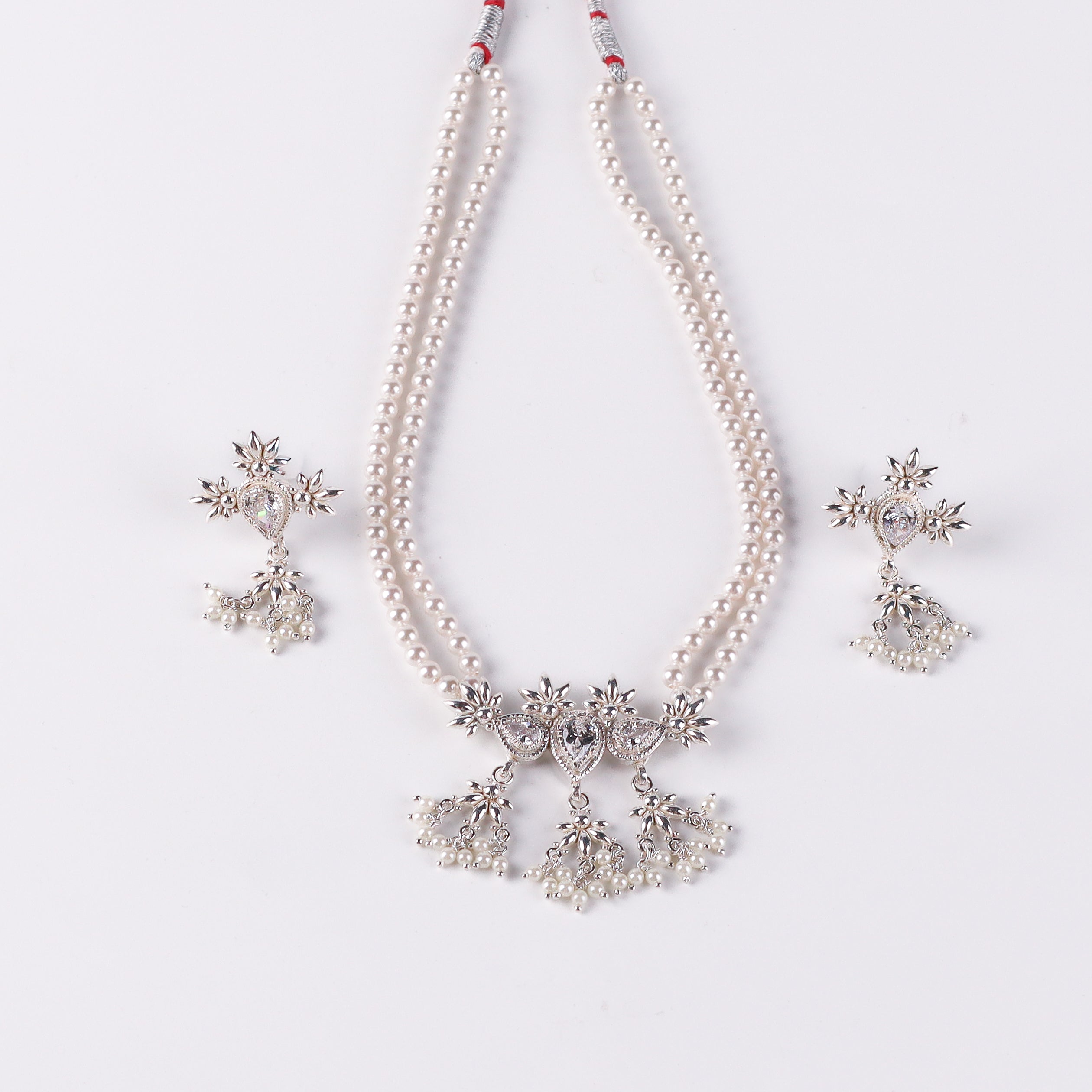 Silver CZ Flower Tanmani Set with Pearls (3 Leaf)