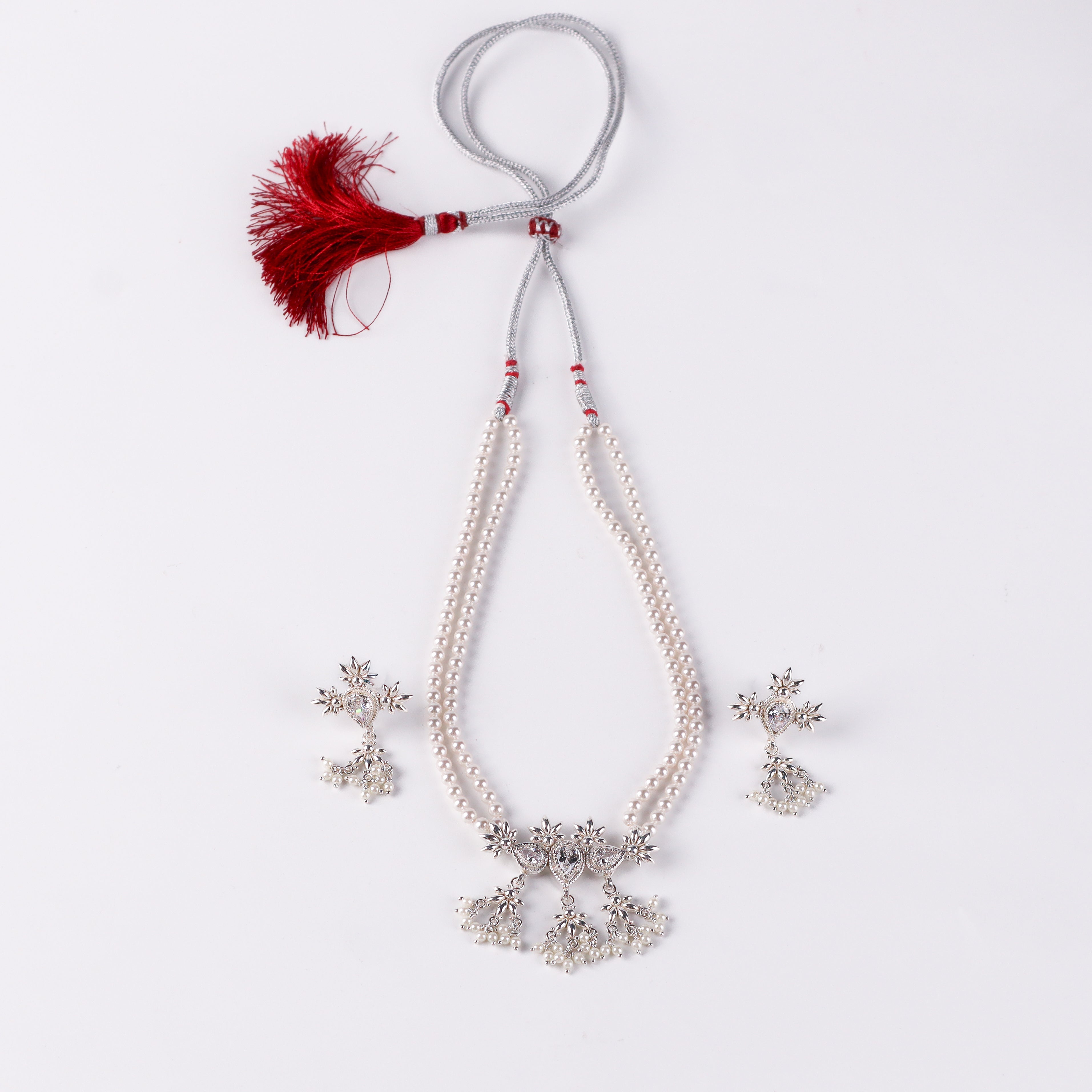 Silver CZ Flower Tanmani Set with Pearls (3 Leaf)