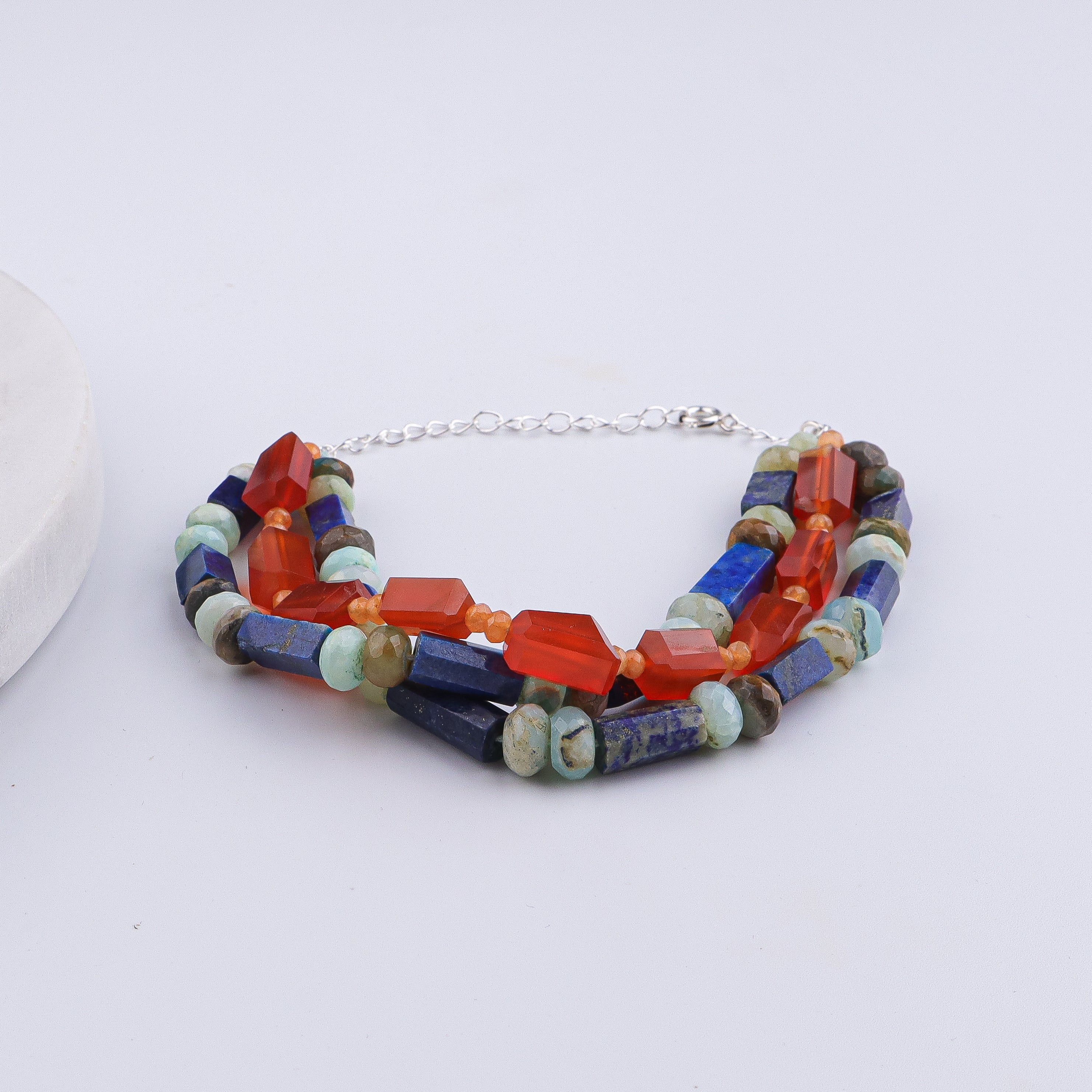 Carnelian, Lapis Lazuli, Orange Jade & Blue Opal Silver Bracelet (Project Handmade)