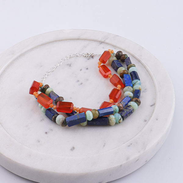 Carnelian, Lapis Lazuli, Orange Jade & Blue Opal Silver Bracelet (Project Handmade)