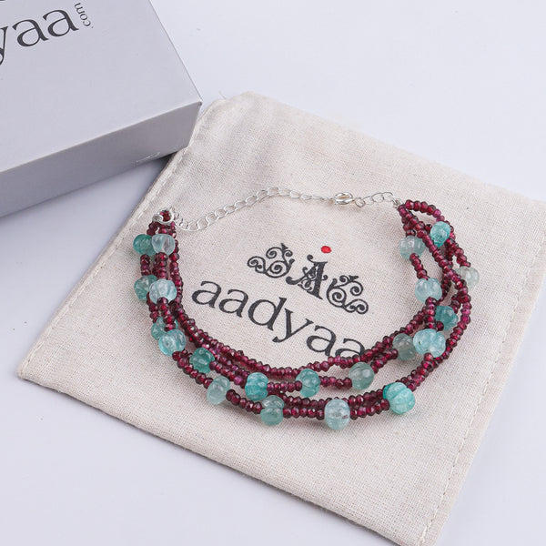 Carved Pumpkin Aqua Fluorite & Garnet Silver Bracelet (Project Handmade)