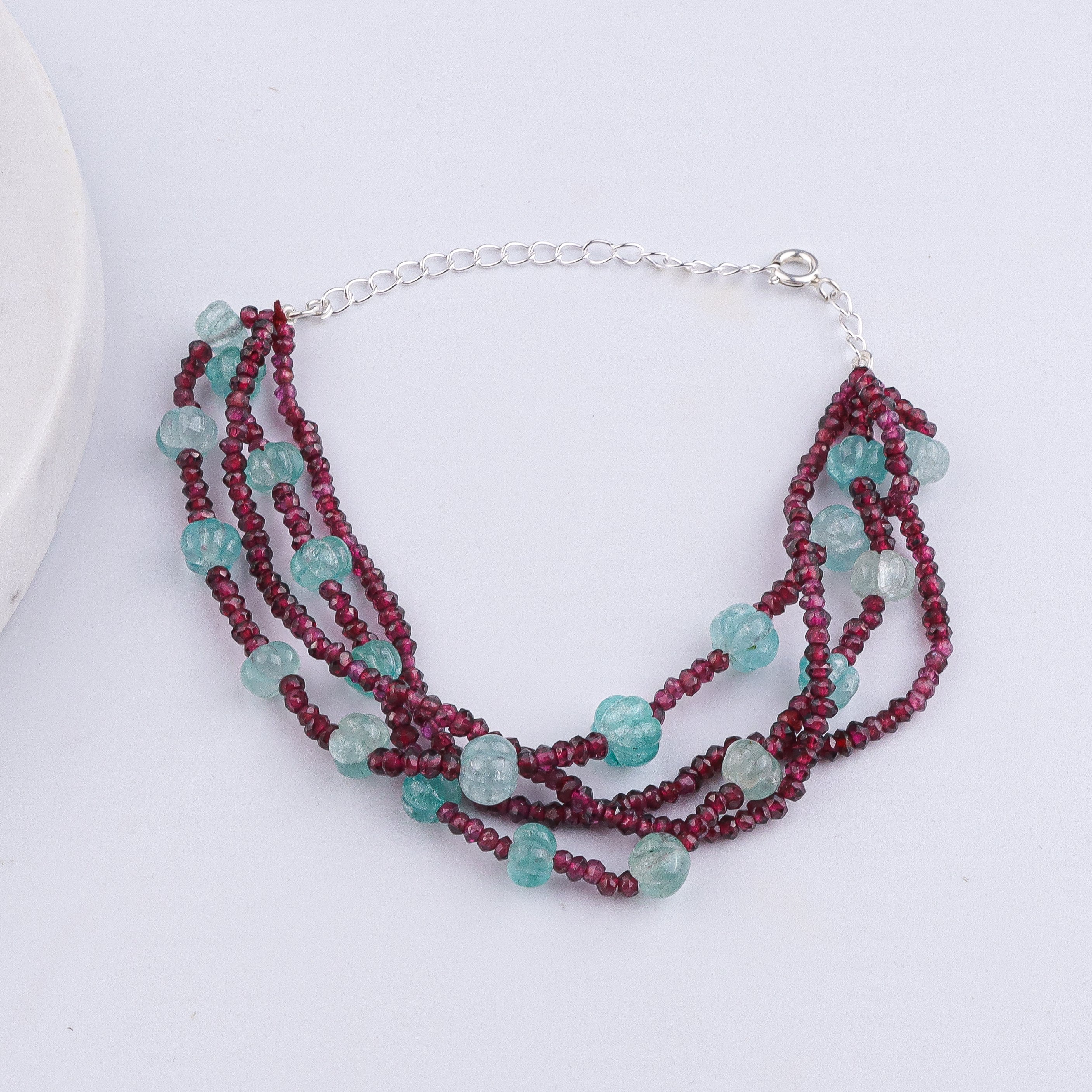 Carved Pumpkin Aqua Fluorite & Garnet Silver Bracelet (Project Handmade)