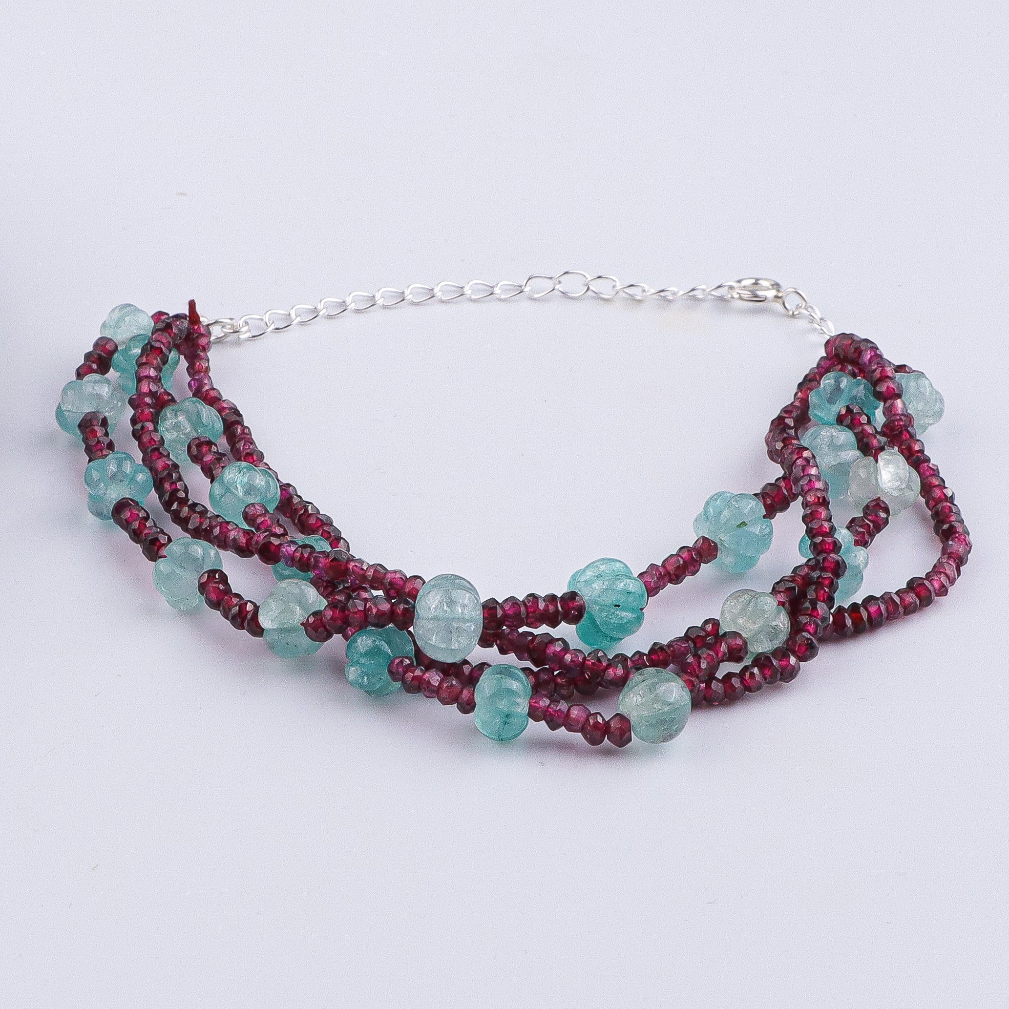 Carved Pumpkin Aqua Fluorite & Garnet Silver Bracelet (Project Handmade)
