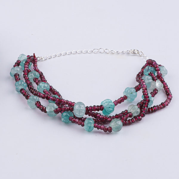 Carved Pumpkin Aqua Fluorite & Garnet Silver Bracelet (Project Handmade)