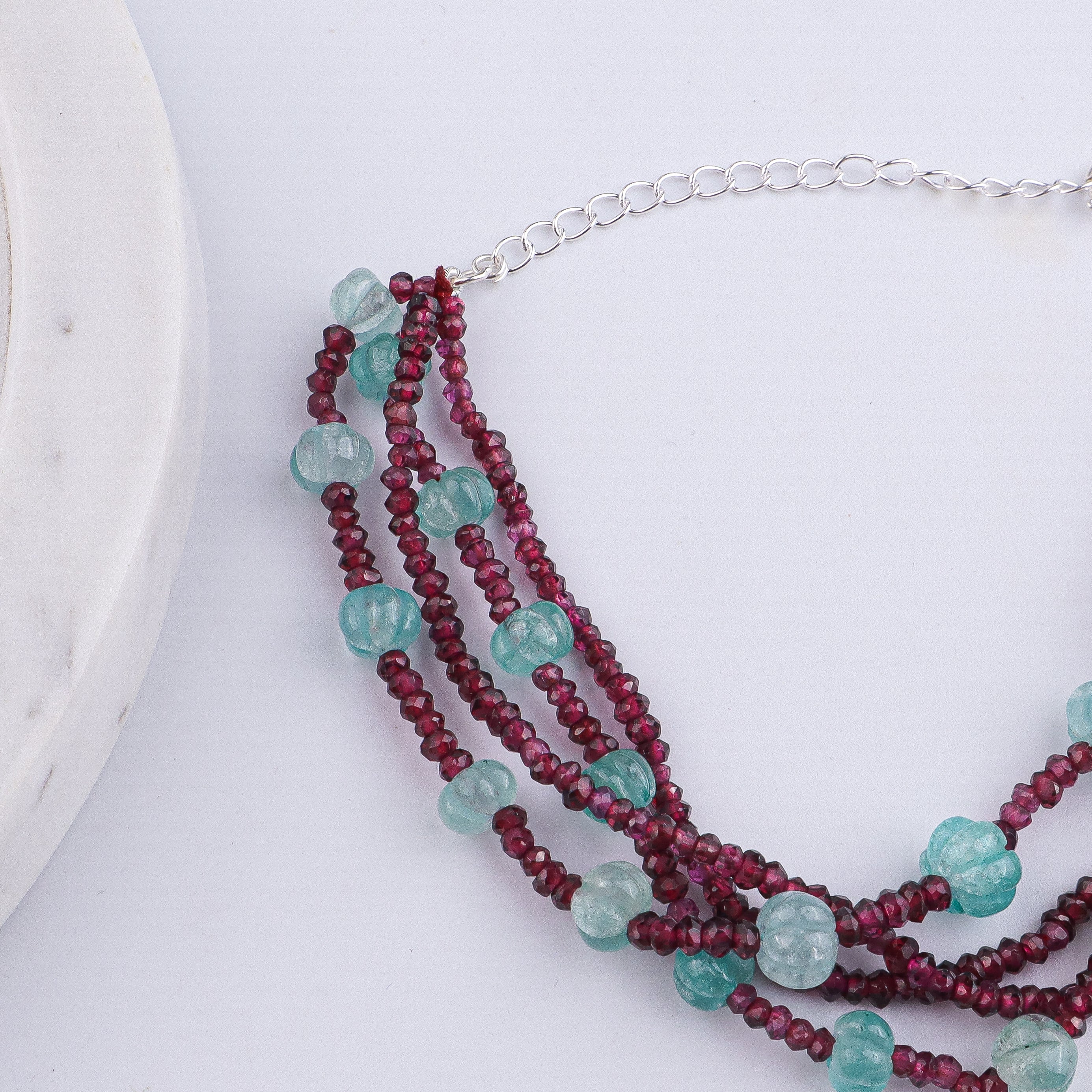 Carved Pumpkin Aqua Fluorite & Garnet Silver Bracelet (Project Handmade)