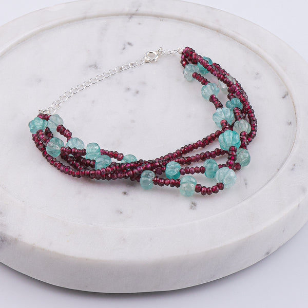 Carved Pumpkin Aqua Fluorite & Garnet Silver Bracelet (Project Handmade)