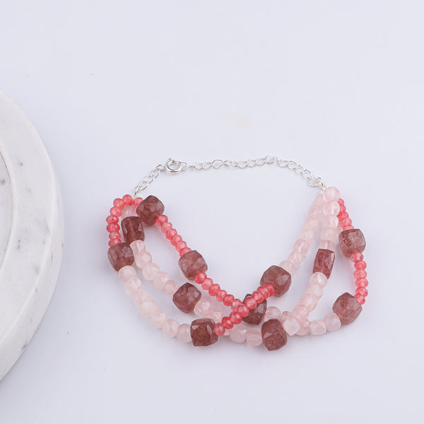 Pink Jade, Strawberry & Rose Quartz Silver Bracelet (Project Handmade)