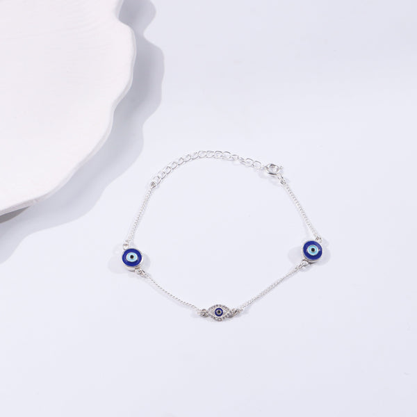 Silver Evil Eye bracelet with blue eye charms on chain