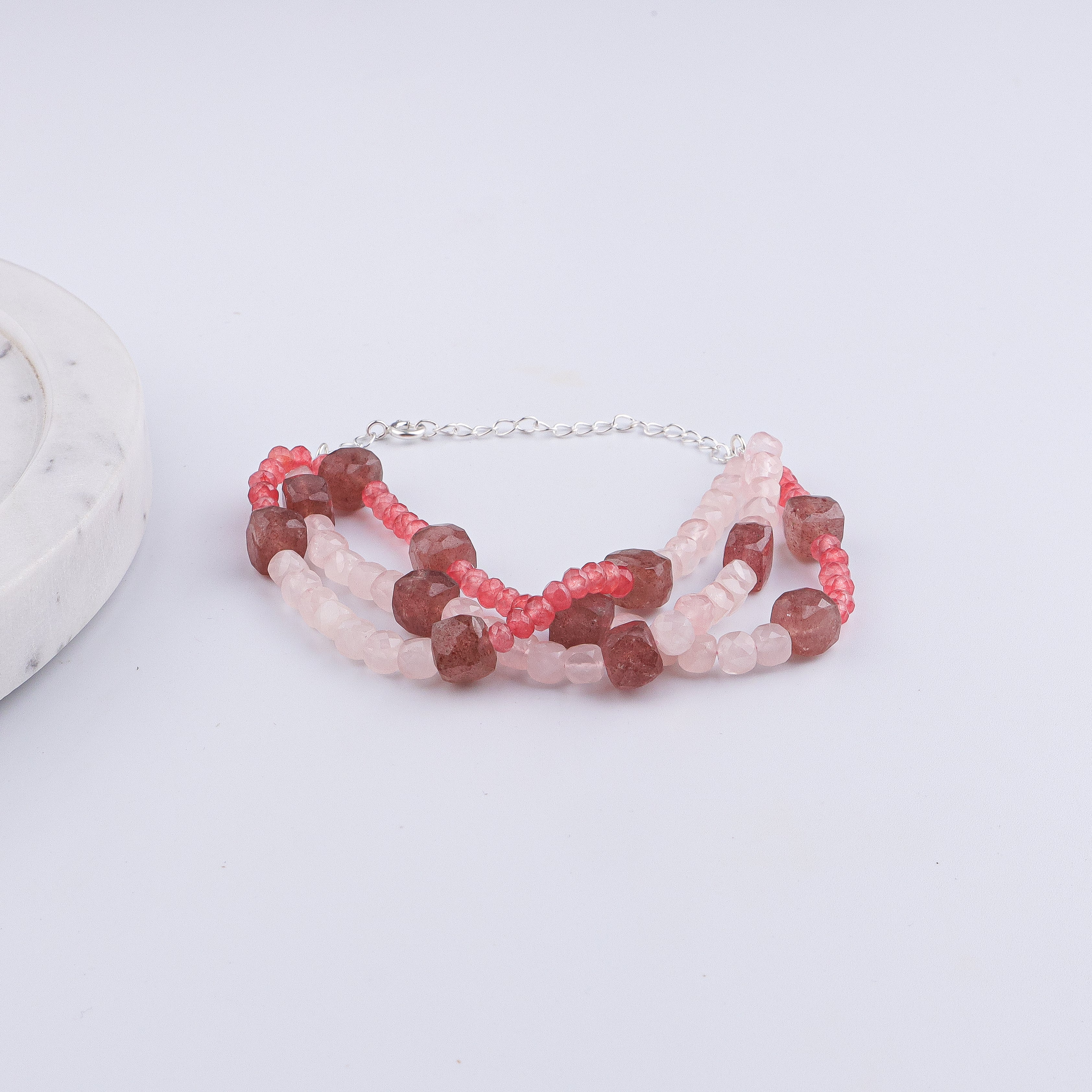 Pink Jade, Strawberry & Rose Quartz Silver Bracelet (Project Handmade)