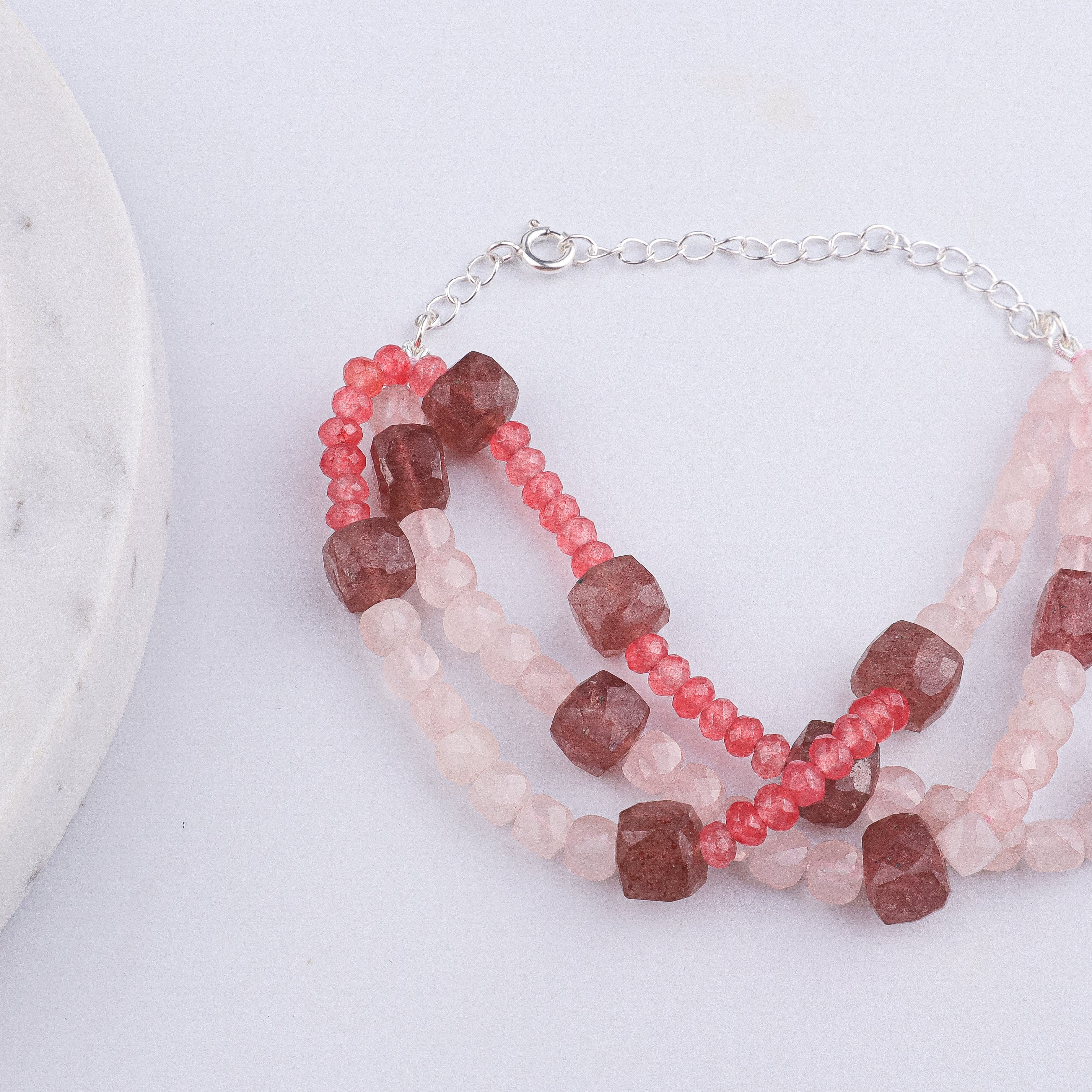 Pink Jade, Strawberry & Rose Quartz Silver Bracelet (Project Handmade)