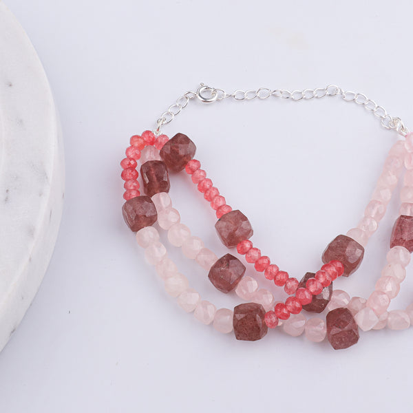 Pink Jade, Strawberry & Rose Quartz Silver Bracelet (Project Handmade)