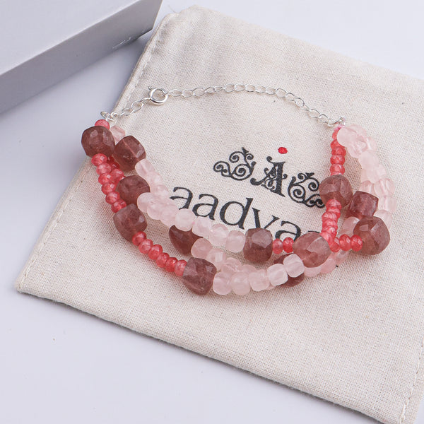 Pink Jade, Strawberry & Rose Quartz Silver Bracelet (Project Handmade)