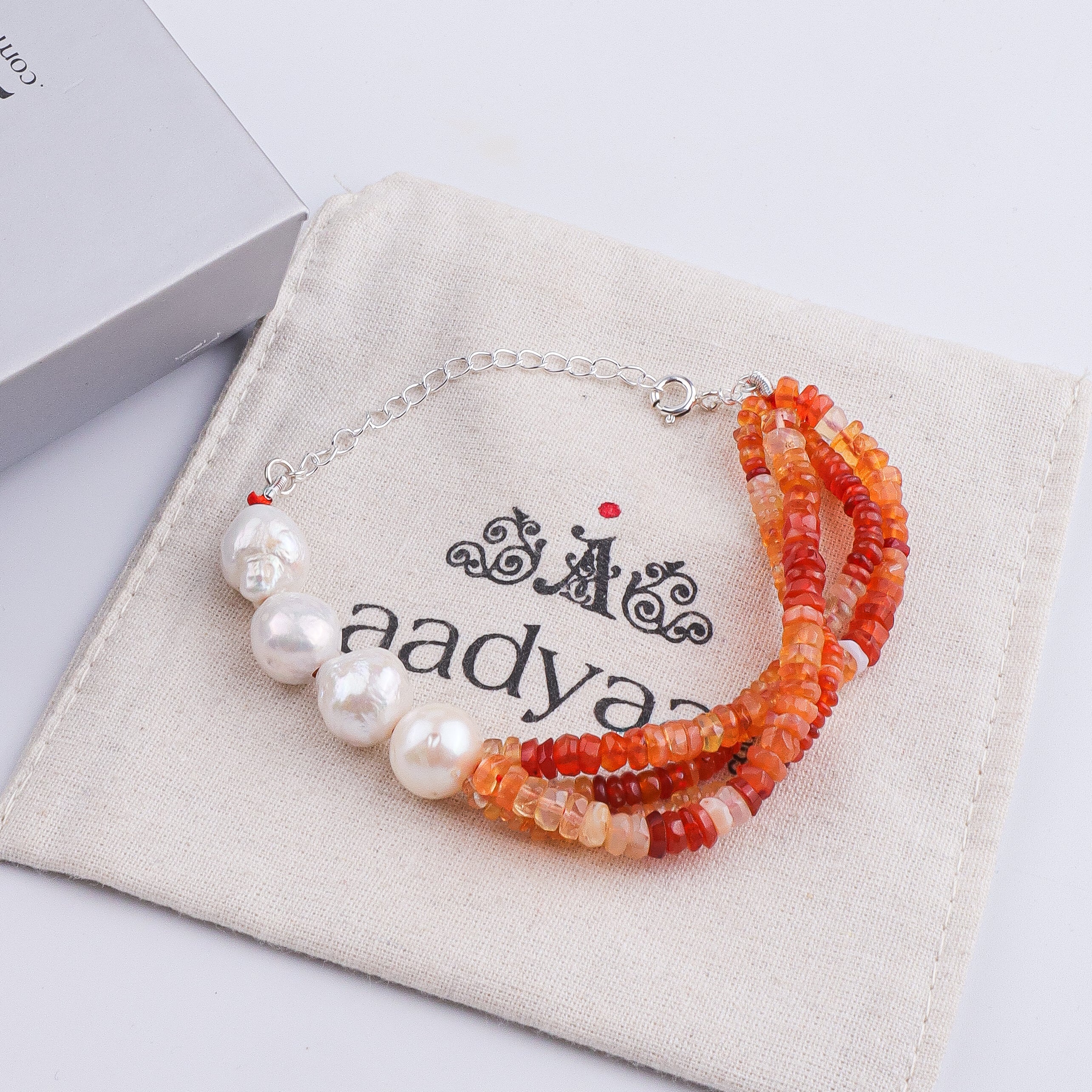 Natural Orange Opal & Baroque Pearl Silver Bracelet (Project Handmade)
