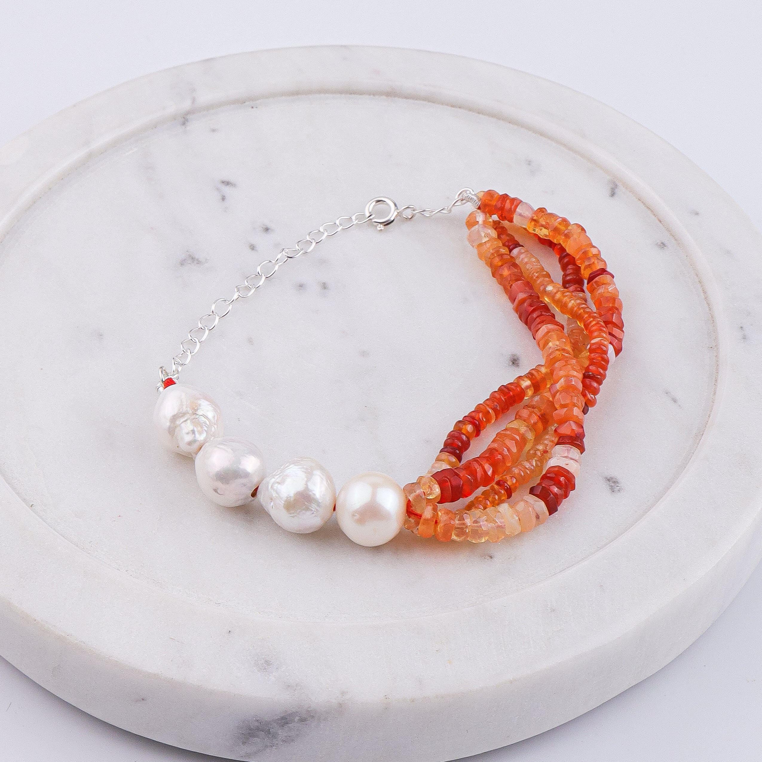 Natural Orange Opal & Baroque Pearl Silver Bracelet (Project Handmade)