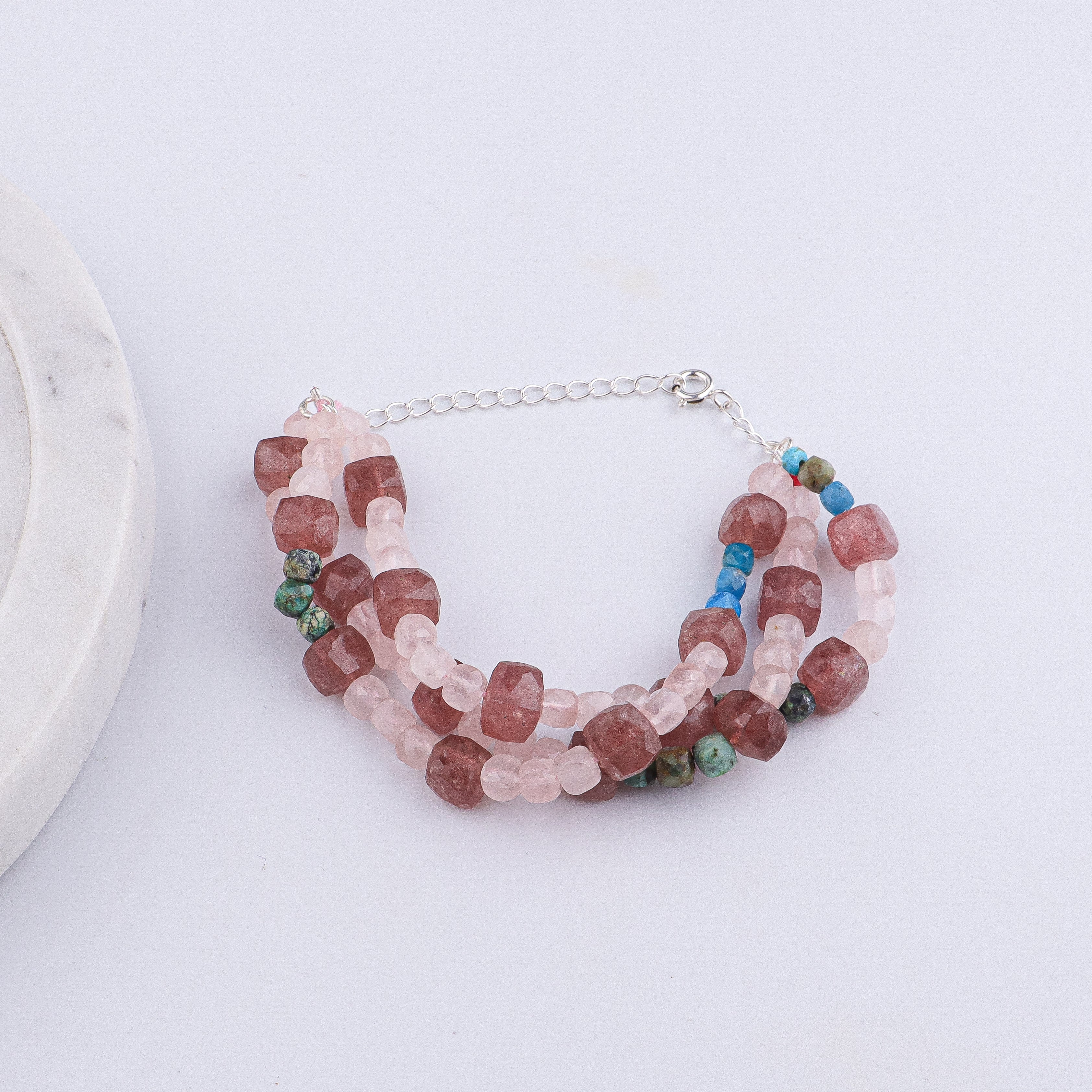 Strawberry Quartz, Rose Quartz & Firoza Silver Bracelet (Project Handmade)