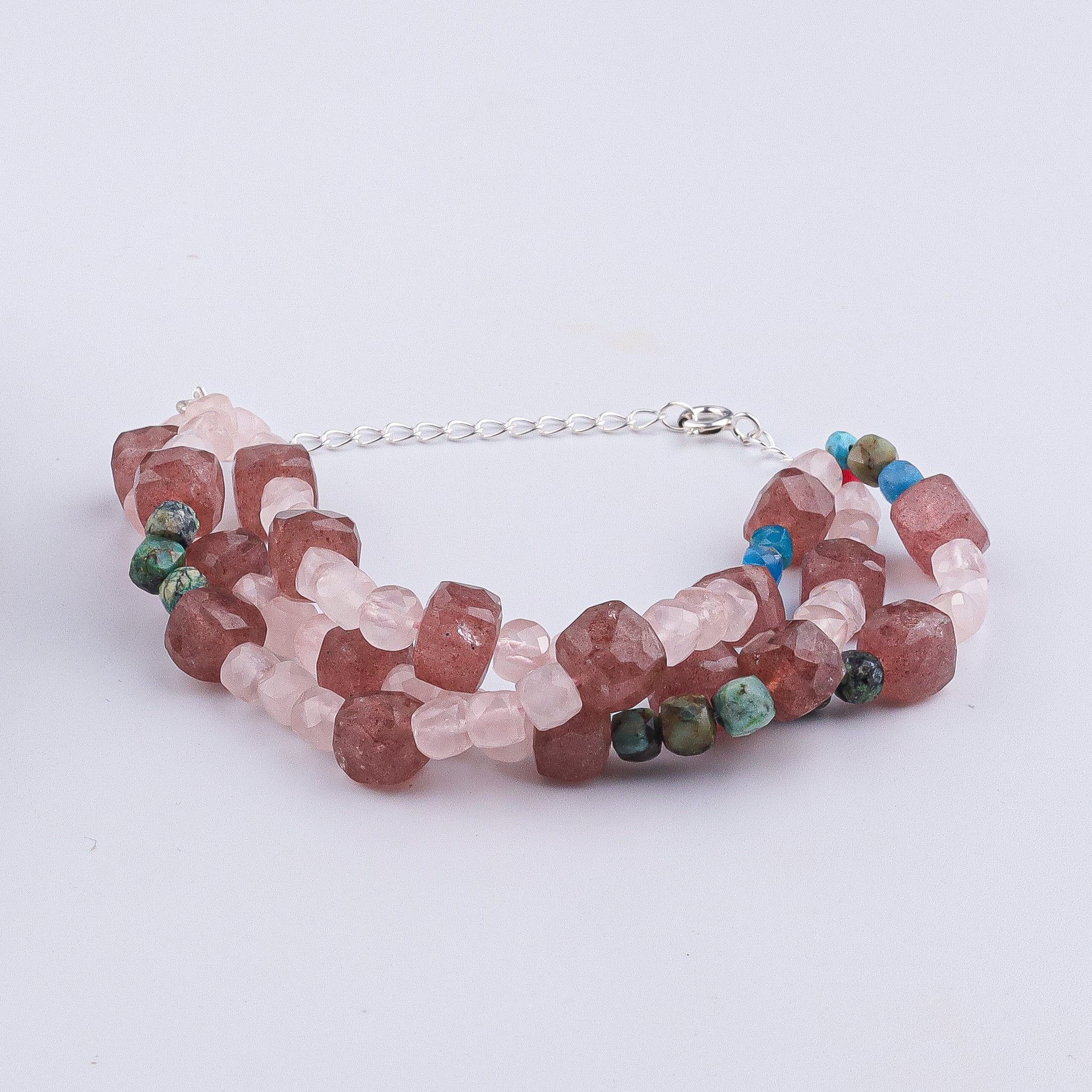 Strawberry Quartz, Rose Quartz & Firoza Silver Bracelet (Project Handmade)