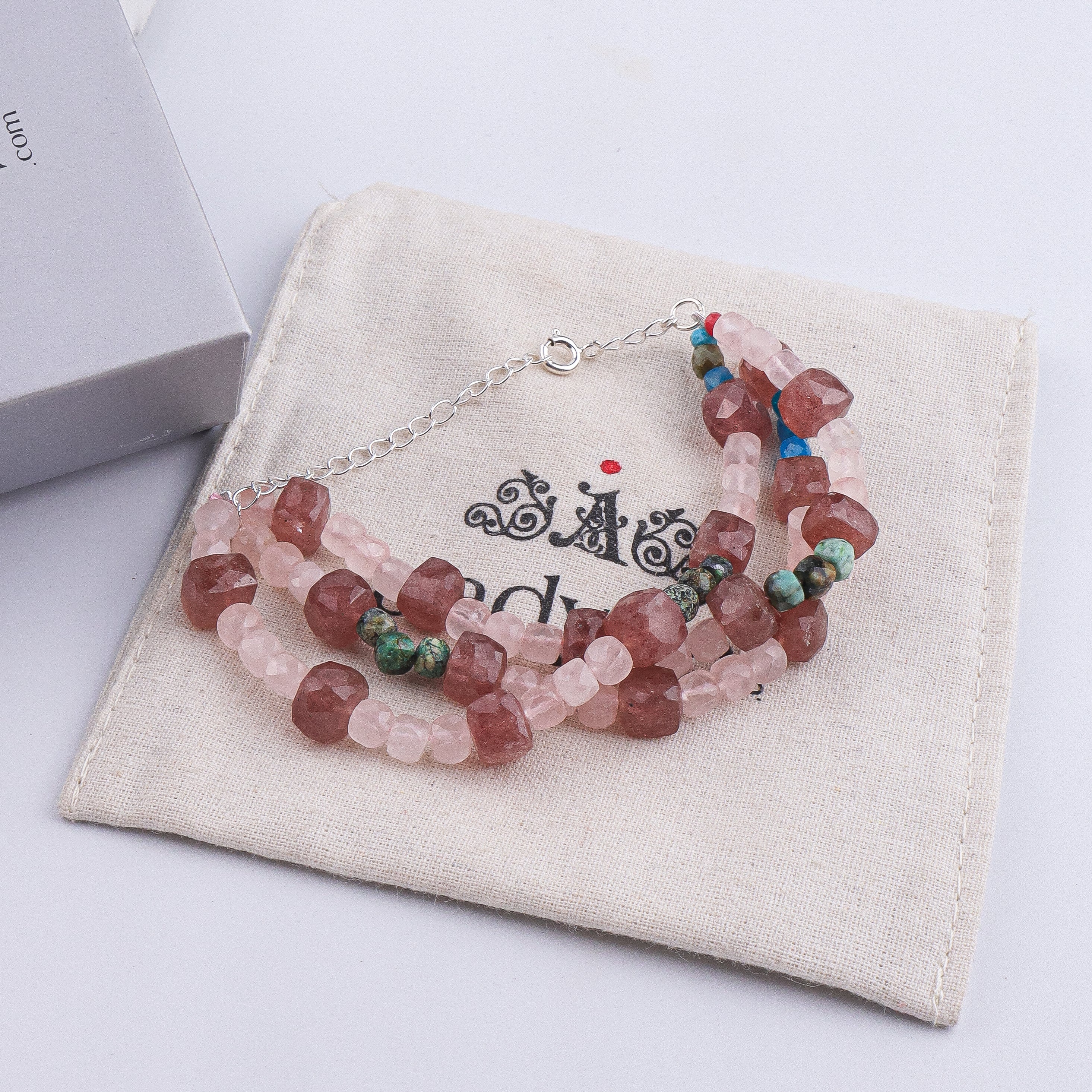 Strawberry Quartz, Rose Quartz & Firoza Silver Bracelet (Project Handmade)