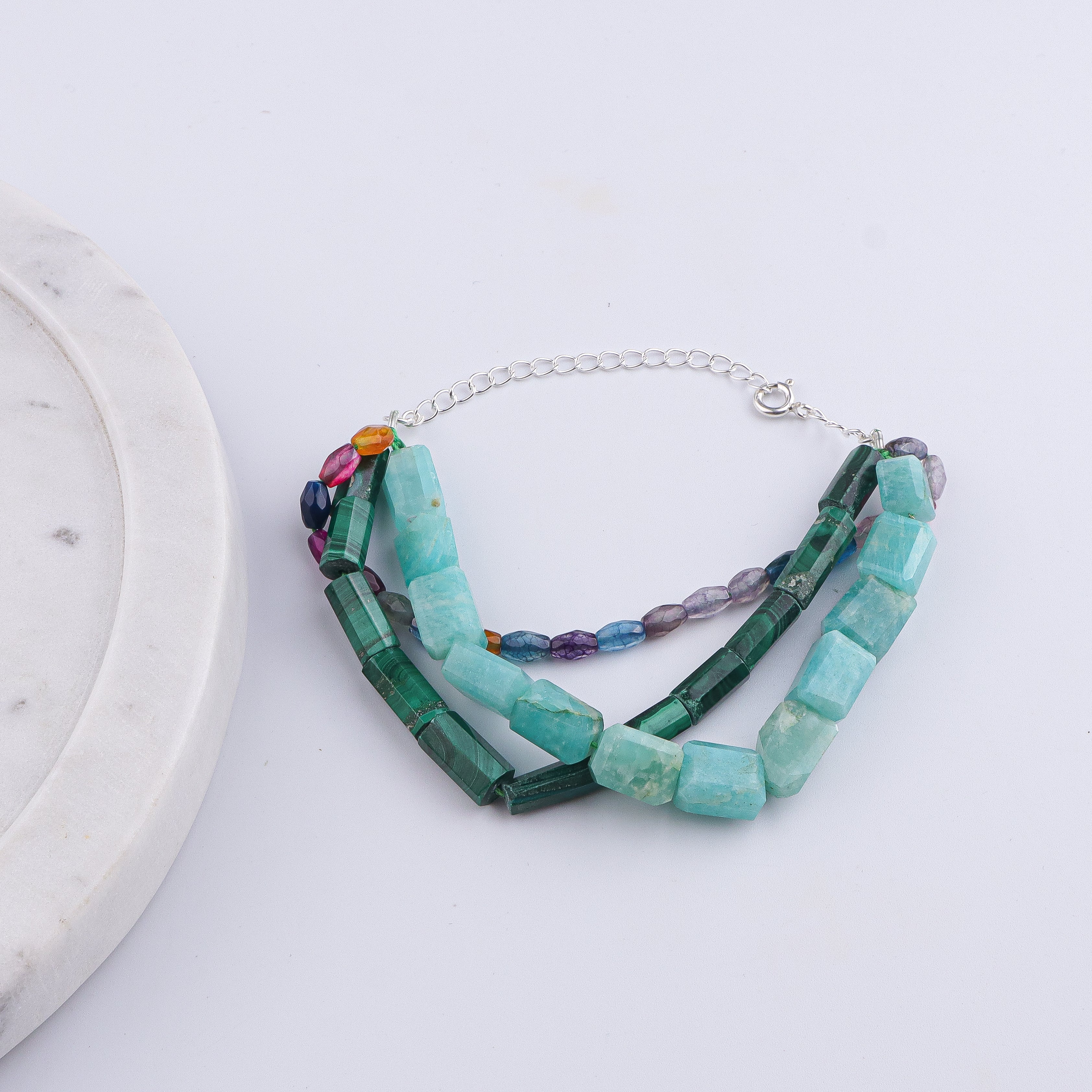 Malachite, Multicolor Agate & Amazonite Silver Bracelet (Project Handmade)
