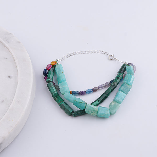 Malachite, Multicolor Agate & Amazonite Silver Bracelet (Project Handmade)