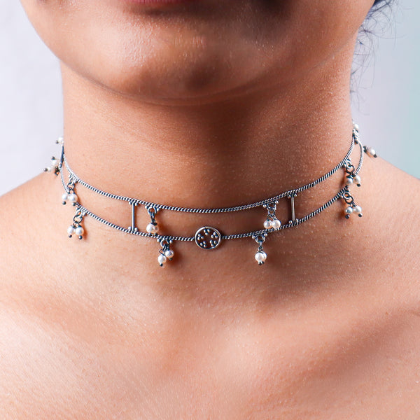 Silver Oxidized Multicharm Choker