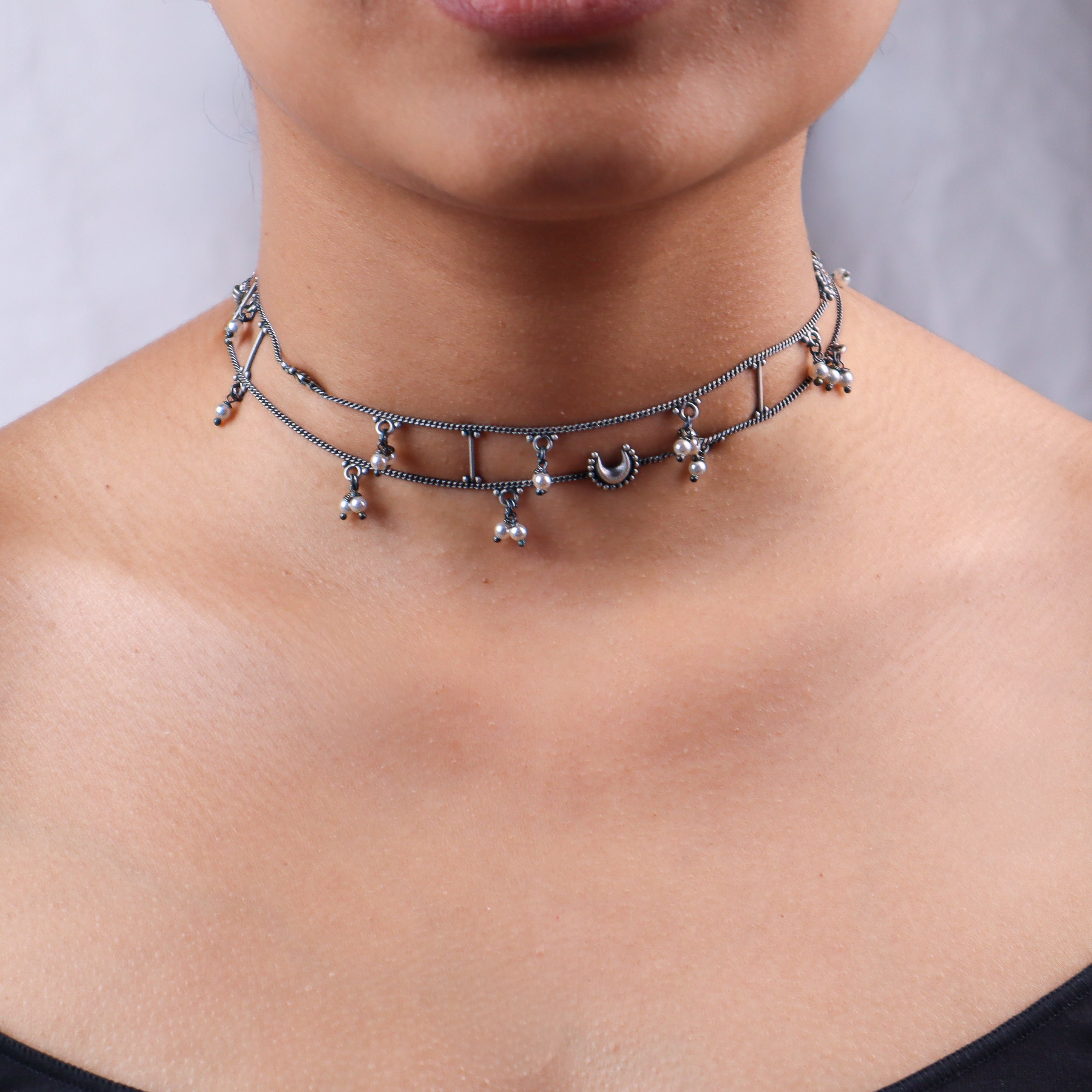 Silver Oxidized Multicharm Choker