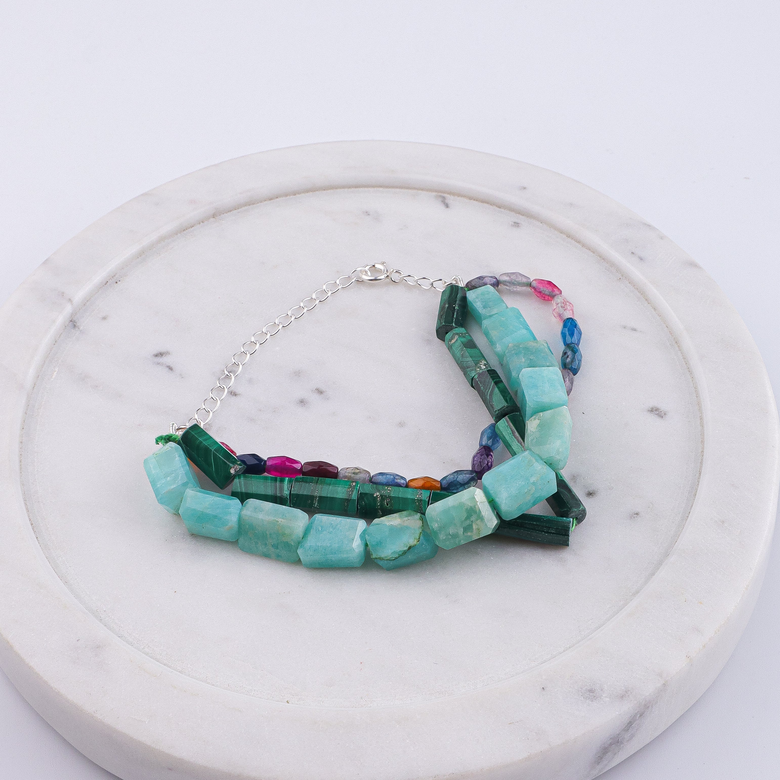 Malachite, Multicolor Agate & Amazonite Silver Bracelet (Project Handmade)