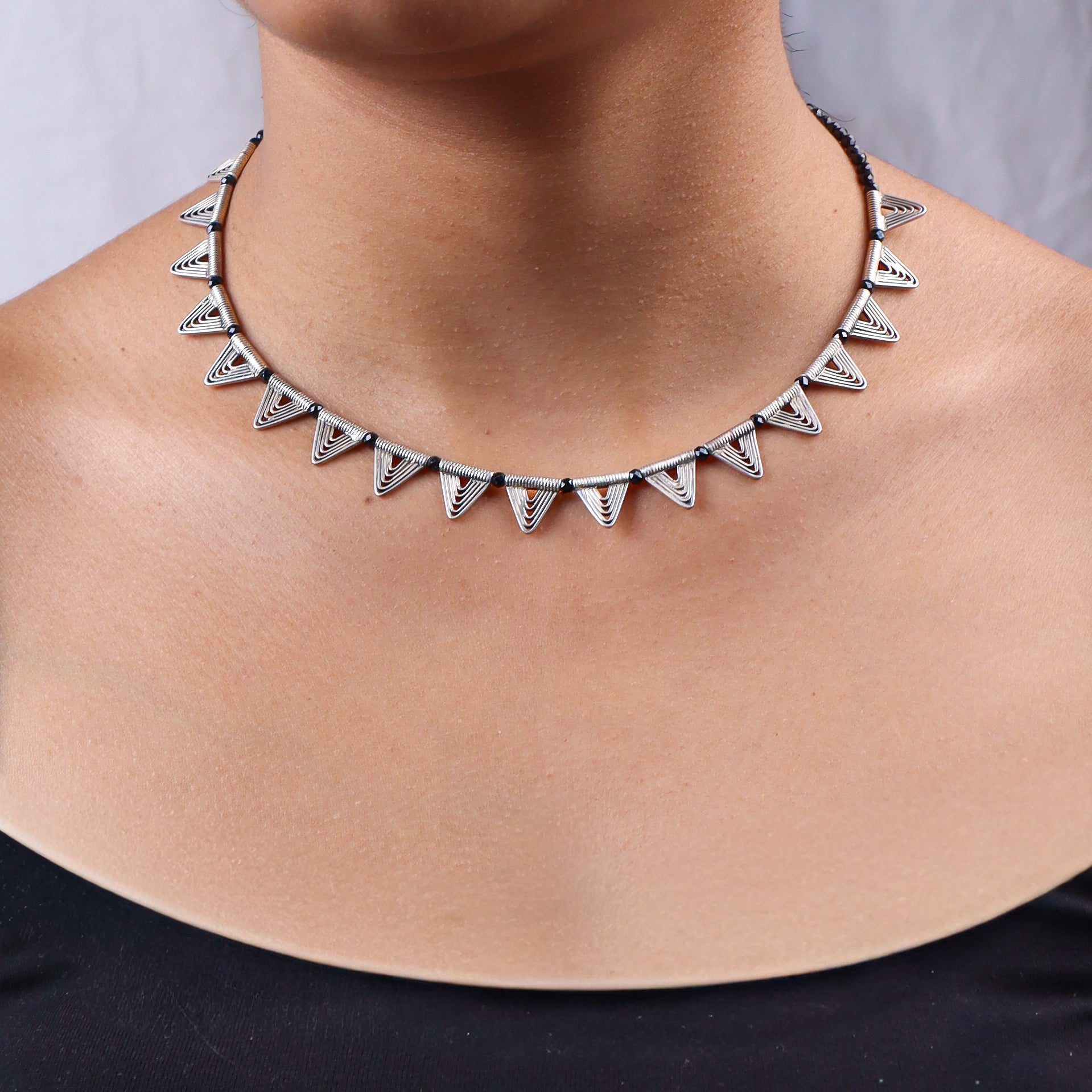 Triangle Motif Necklace with Black Spinel
