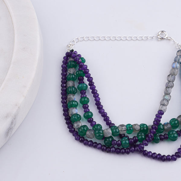 Green Onyx, Labradorite, Rhodolite & Purple Jade Silver Bracelet (Project Handmade)