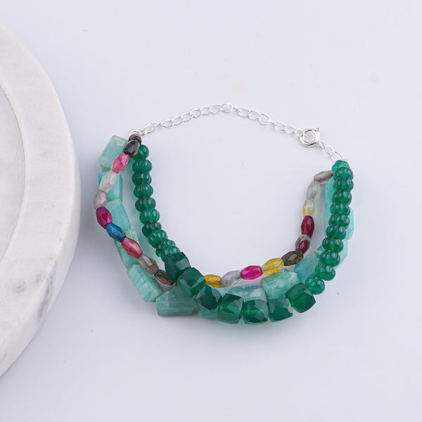 Green Onyx, Multicolor Agate & Amazonite Silver Bracelet (Project Handmade)
