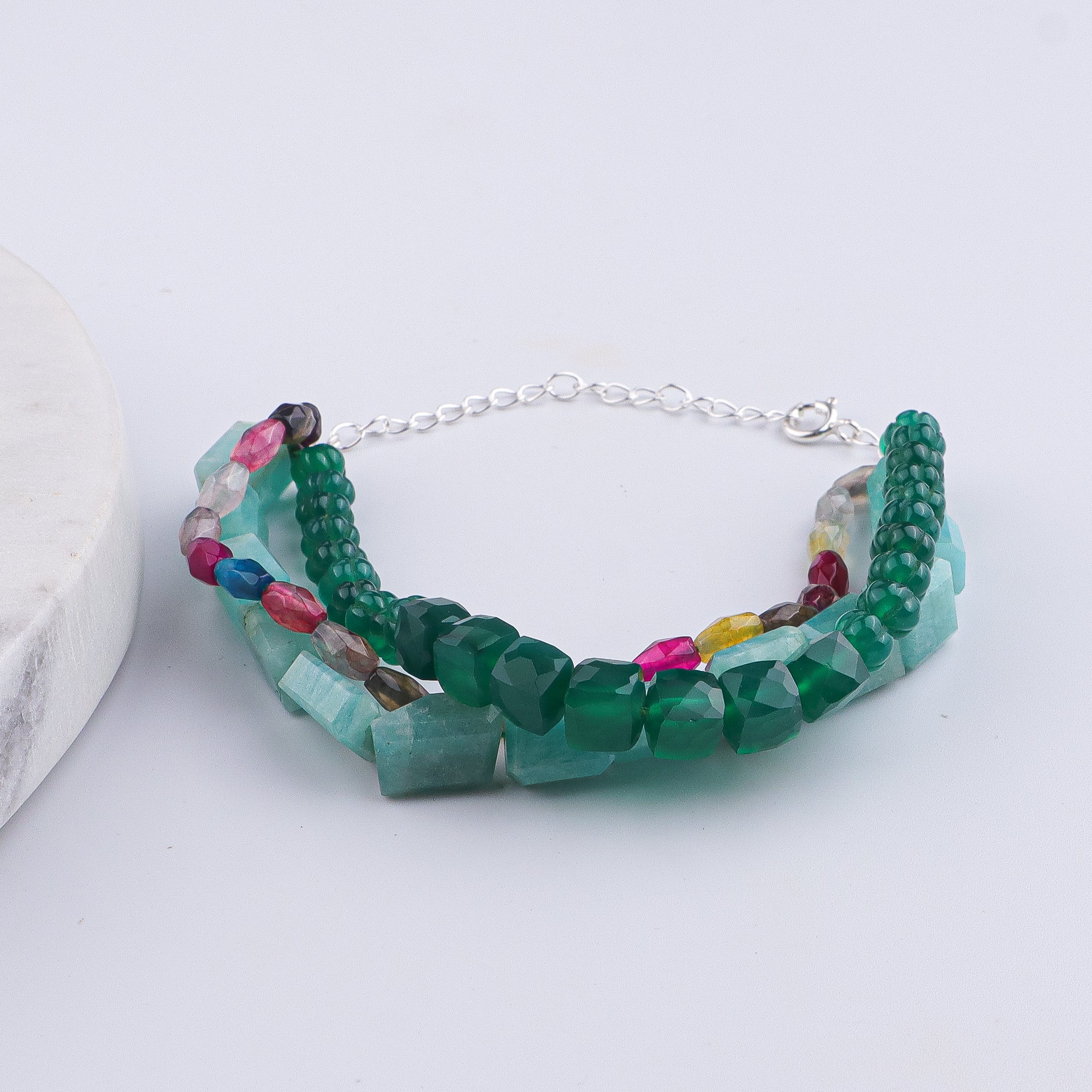 Green Onyx, Multicolor Agate & Amazonite Silver Bracelet (Project Handmade)