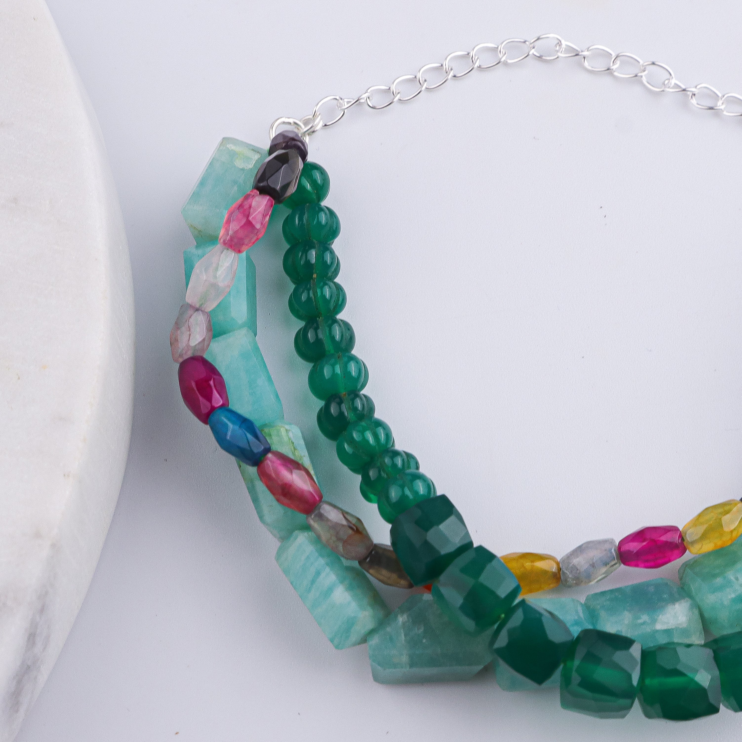 Green Onyx, Multicolor Agate & Amazonite Silver Bracelet (Project Handmade)