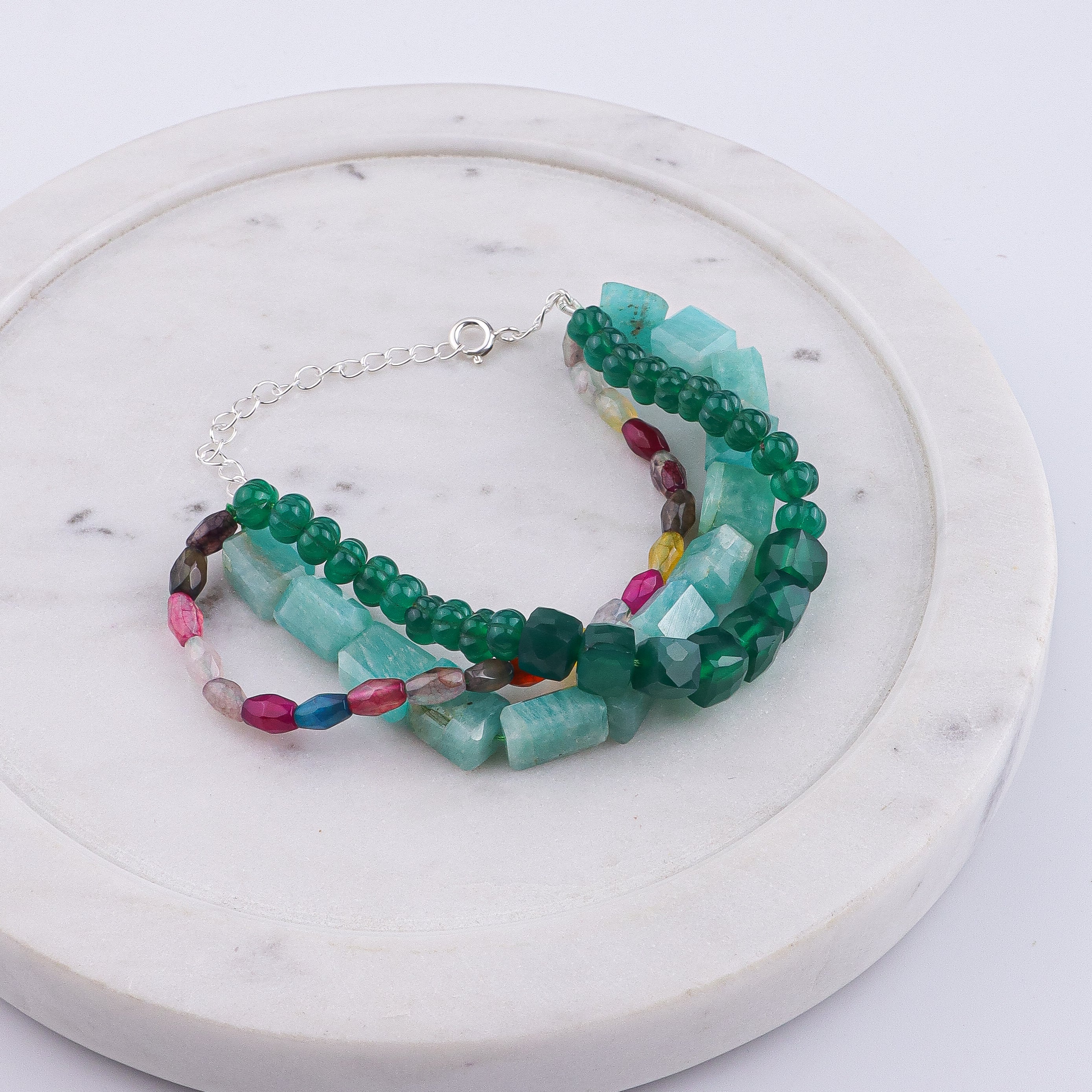 Green Onyx, Multicolor Agate & Amazonite Silver Bracelet (Project Handmade)