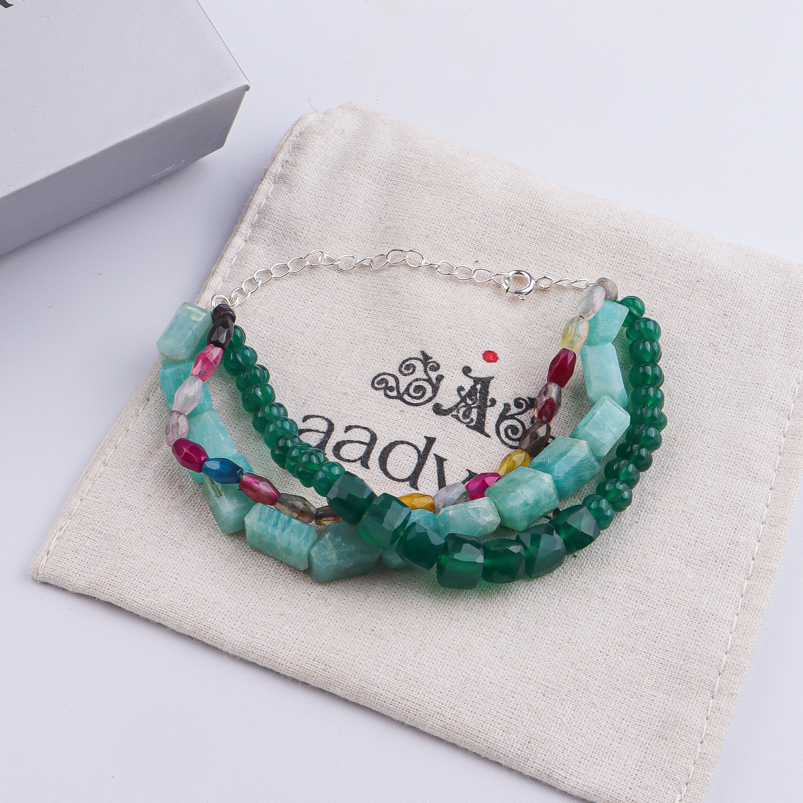 Green Onyx, Multicolor Agate & Amazonite Silver Bracelet (Project Handmade)