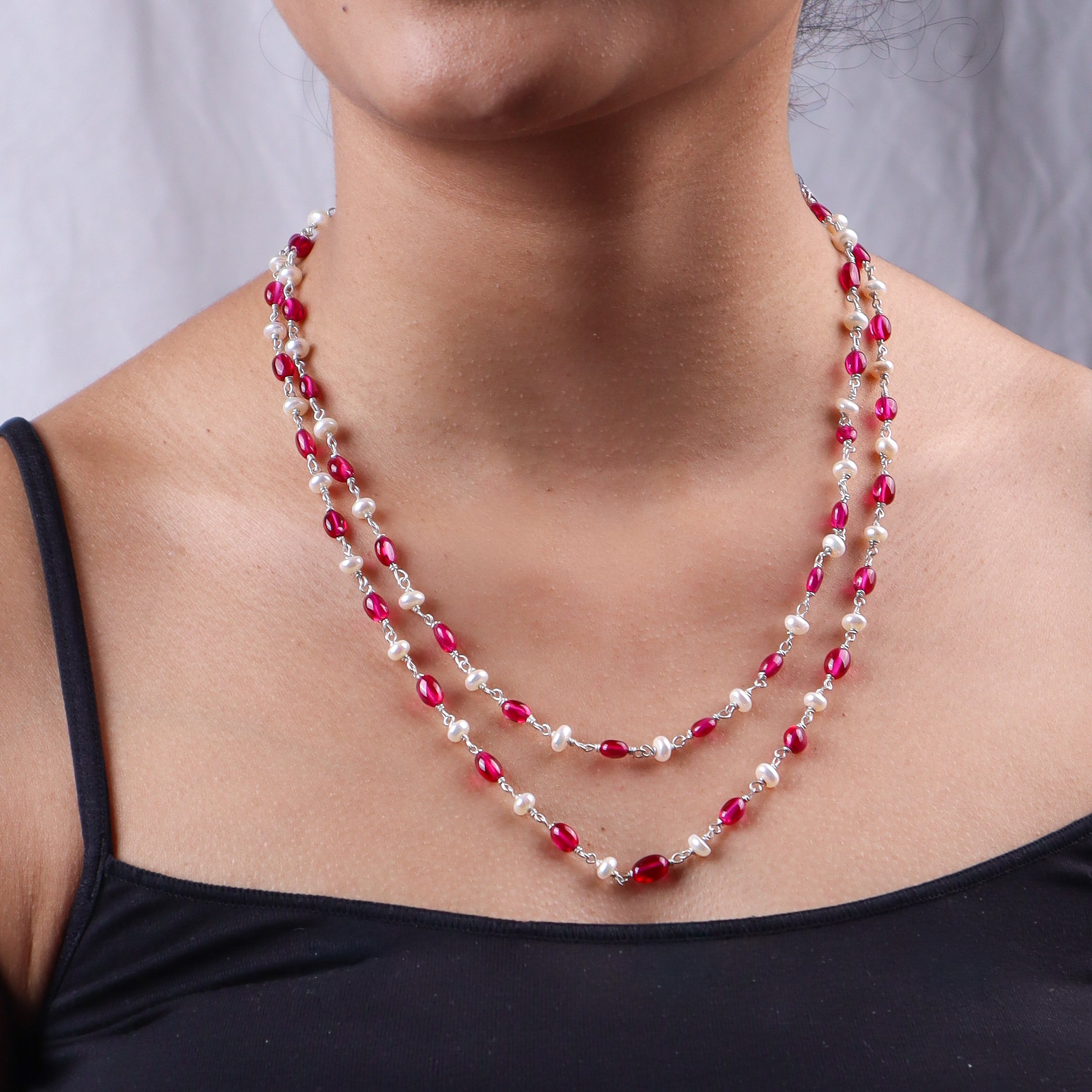 Double Layer Ruby and Pearl Necklace