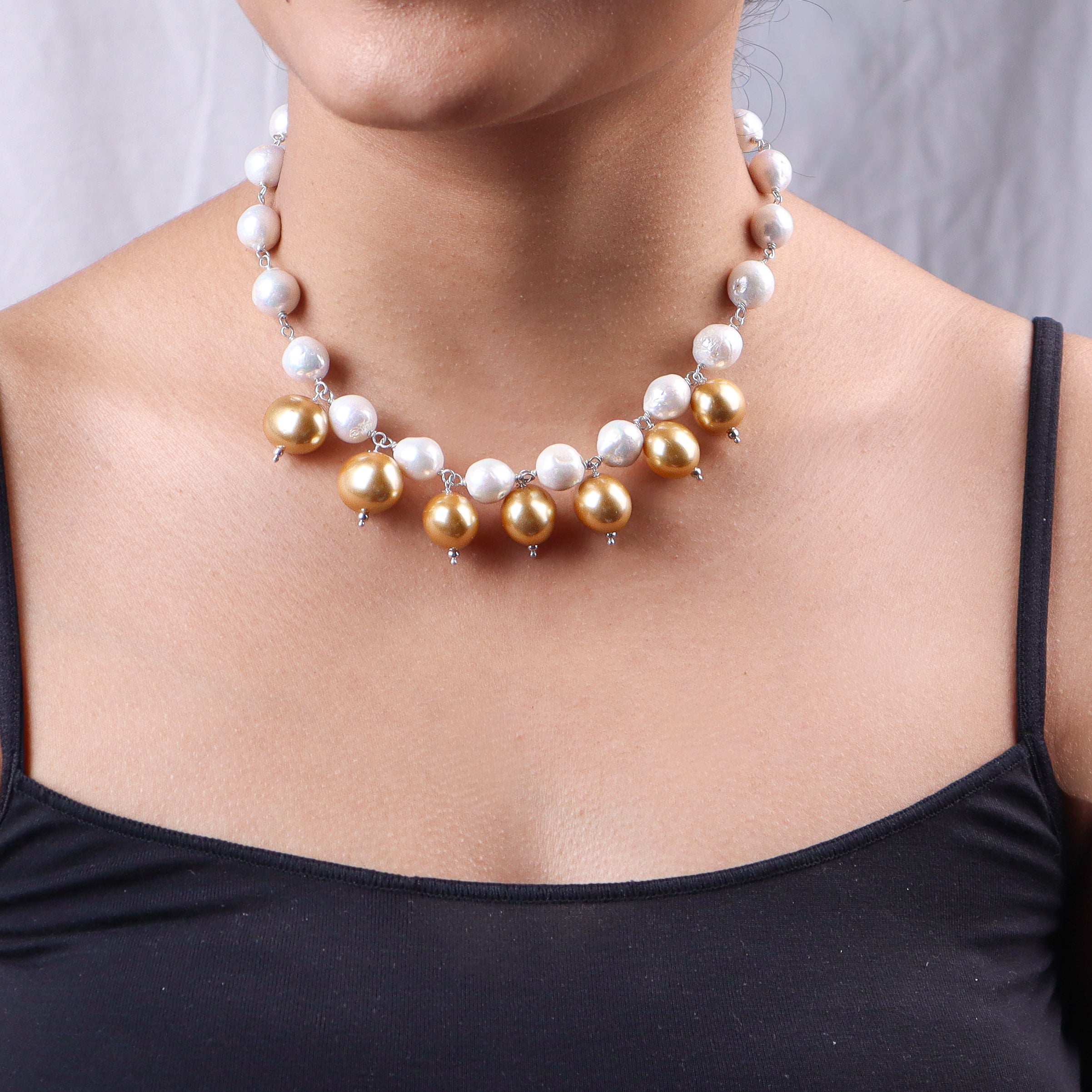 Pearl Flow Necklace with Golden Pearls & Fresh Water Pearls