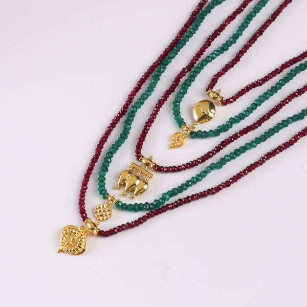 Saaj Motif Satlada Inspired Necklace with Garnets and Green Onyx Stones | 5 Layered | 92.5 Silver | 22K Gold Plated