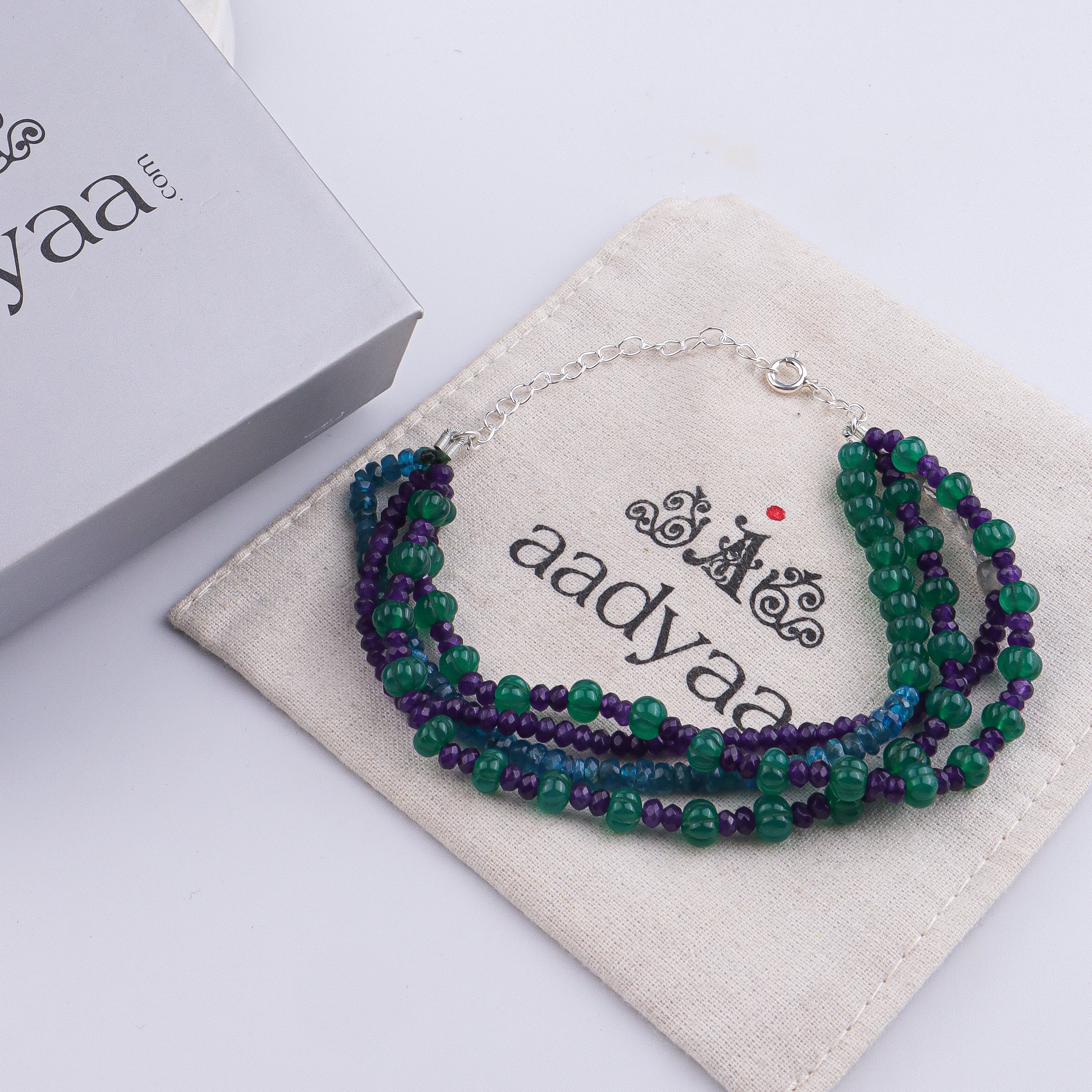 Rhodolite, Green Onyx, Labradorite & Purple Jade Silver Bracelet (Project Handmade)